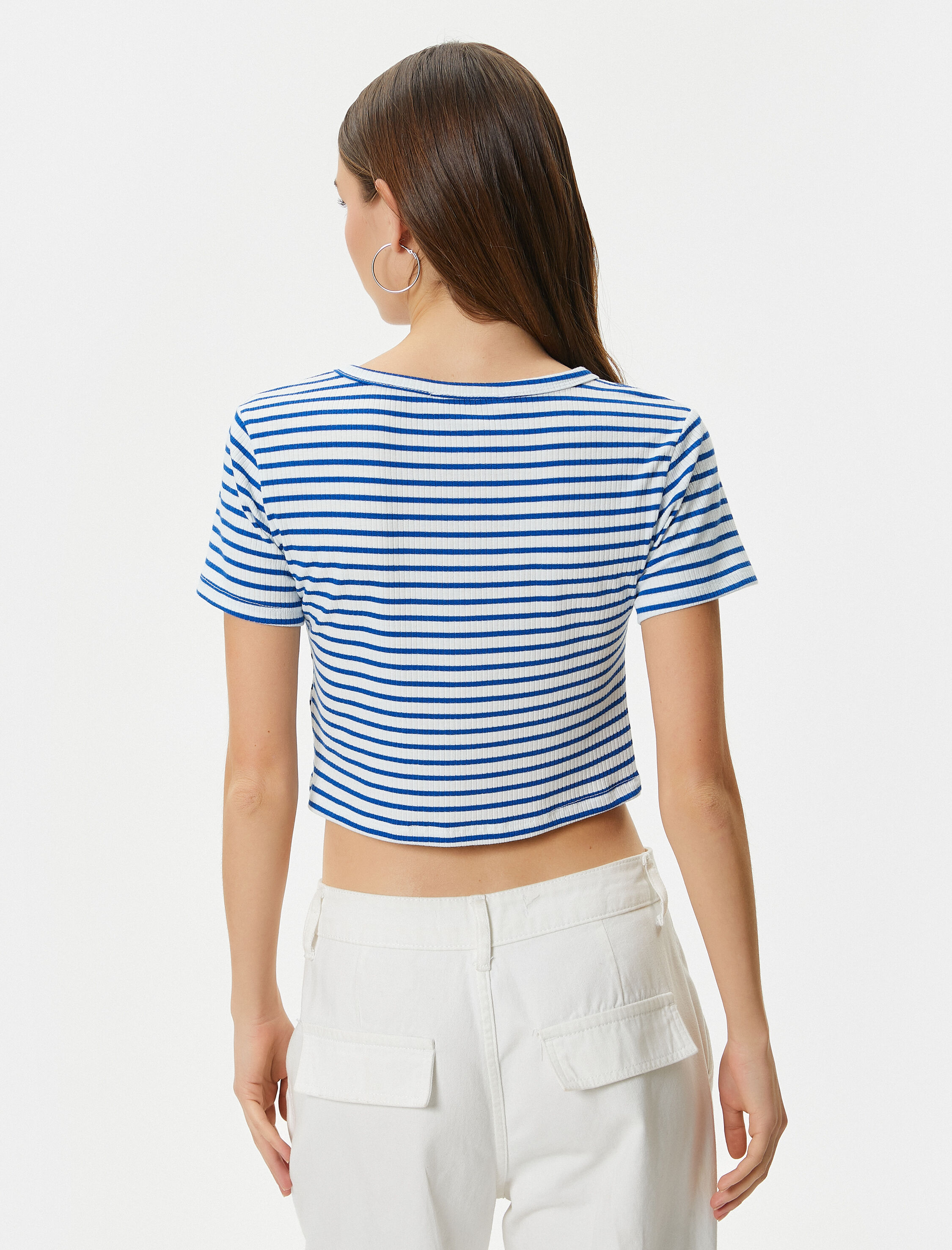 Crop Tişört Slim Fit Ribanalı Kısa Kollu Bisiklet Yaka