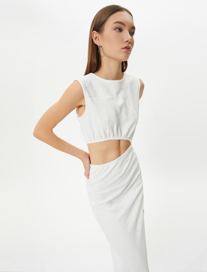  Pencere Detaylı Midi Elbise Kolsuz Yuvarlak Yaka Yırtmaç Detaylı Bürümcük