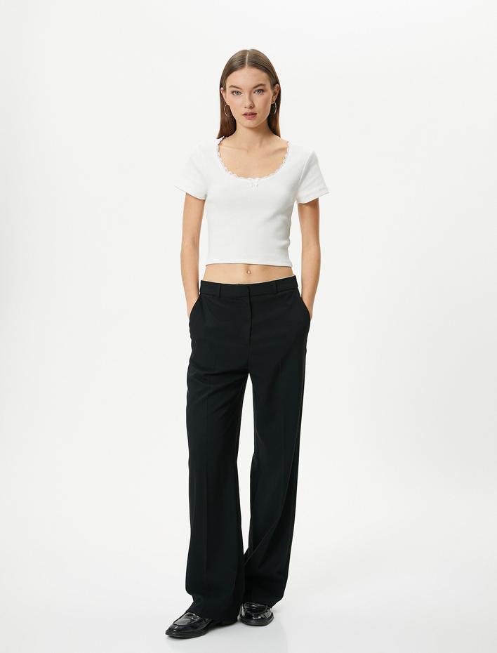  U Yaka Basic Crop Tişört Ribanalı Dantel Detaylı Kısa Kollu Pamuklu