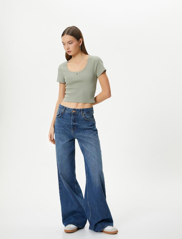  U Yaka Basic Crop Tişört Ribanalı Dantel Detaylı Kısa Kollu Pamuklu