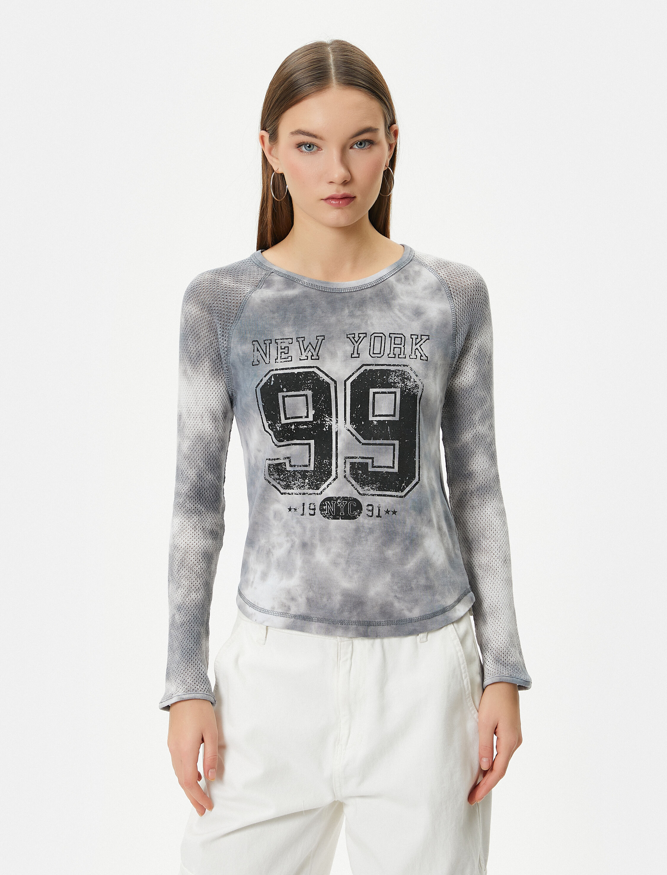   Fileli Tişört Kolej Temalı Baskılı Batik Desenli Uzun Kollu Pamuklu Slim Fit