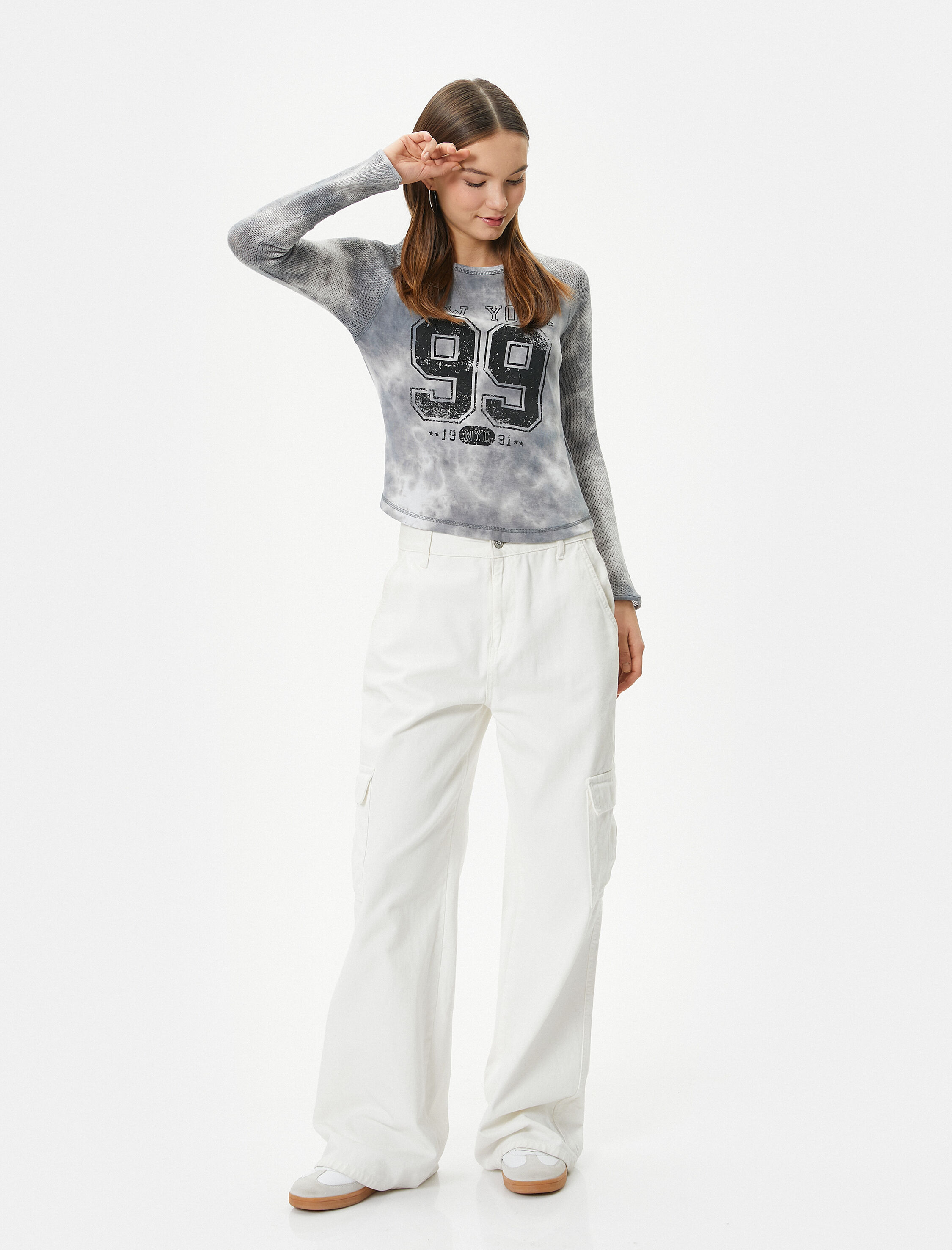   Fileli Tişört Kolej Temalı Baskılı Batik Desenli Uzun Kollu Pamuklu Slim Fit