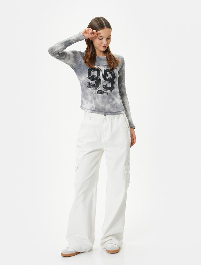  Fileli Tişört Kolej Temalı Baskılı Batik Desenli Uzun Kollu Pamuklu Slim Fit