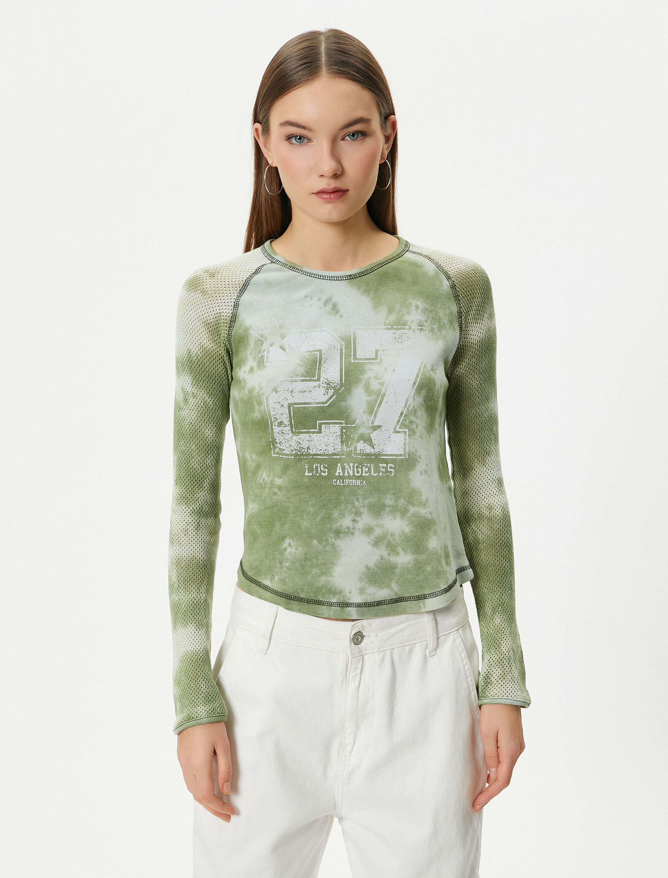   Fileli Tişört Kolej Temalı Baskılı Batik Desenli Uzun Kollu Pamuklu Slim Fit