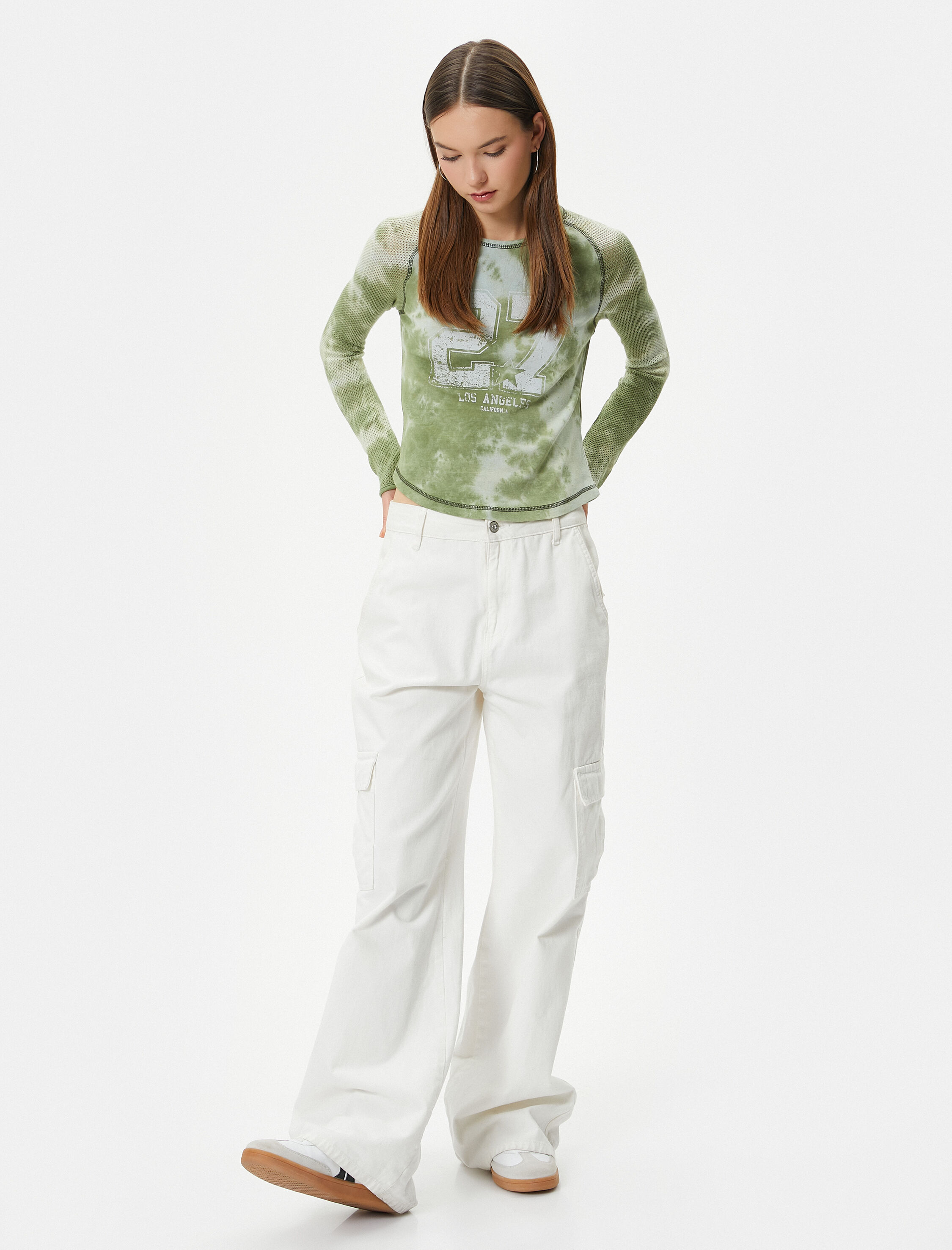   Fileli Tişört Kolej Temalı Baskılı Batik Desenli Uzun Kollu Pamuklu Slim Fit