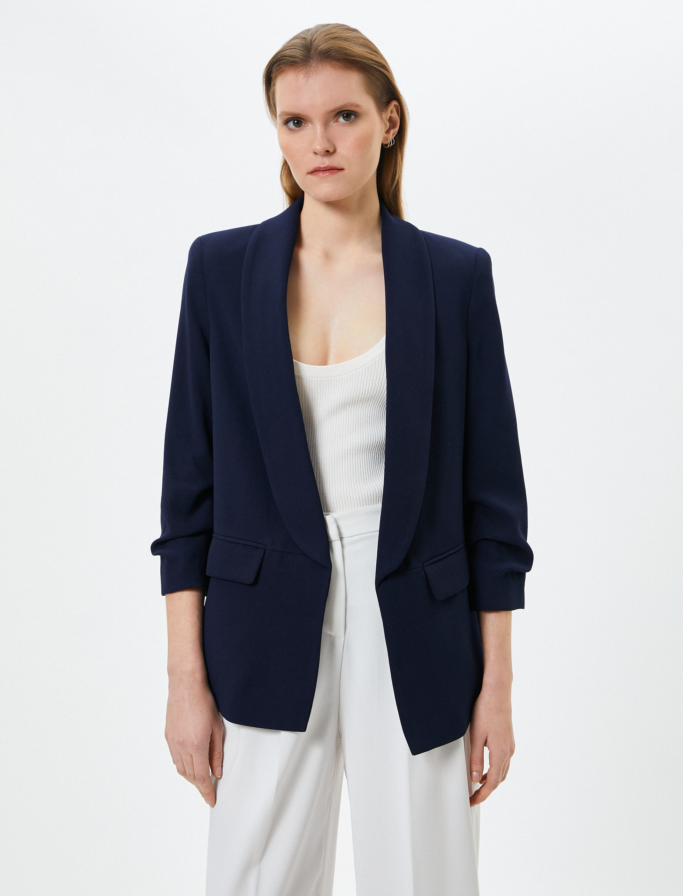   Blazer Ceket Şal Yaka Drape Kol Kapaklı Cepli