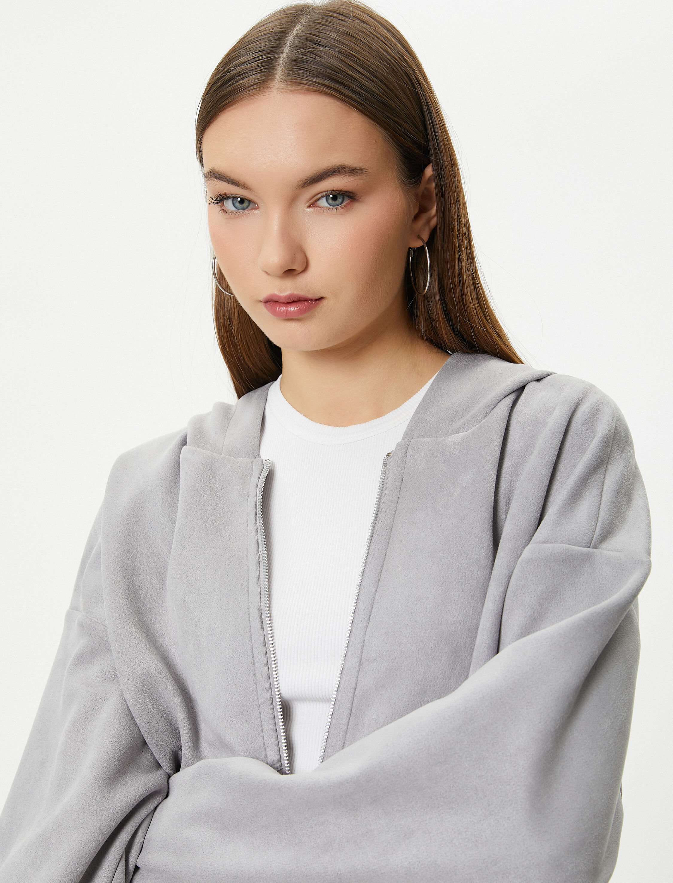   Kapşonlu Gömlek Oversize Fermuarlı Cep Detaylı Süet Görünümlü