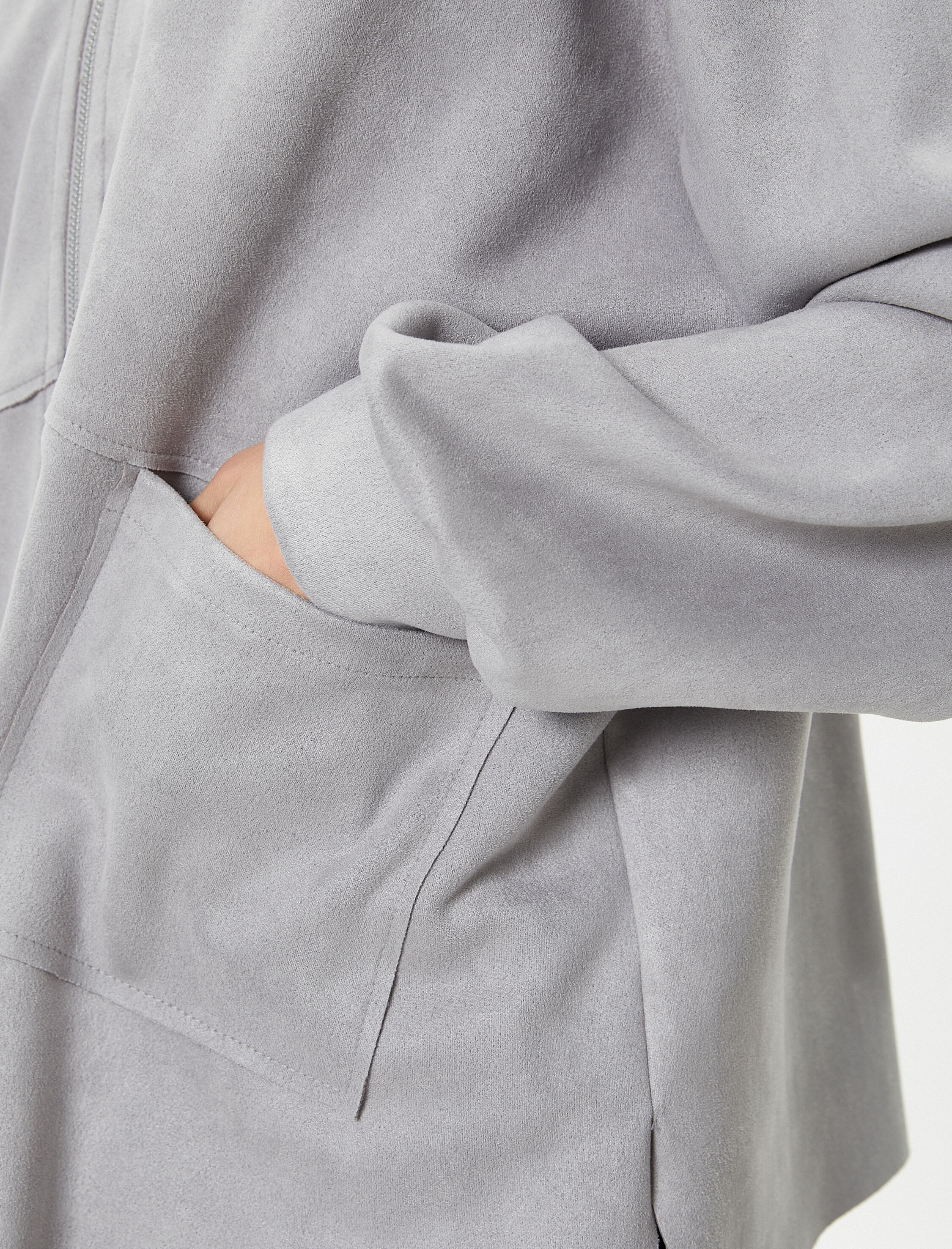   Kapşonlu Gömlek Oversize Fermuarlı Cep Detaylı Süet Görünümlü