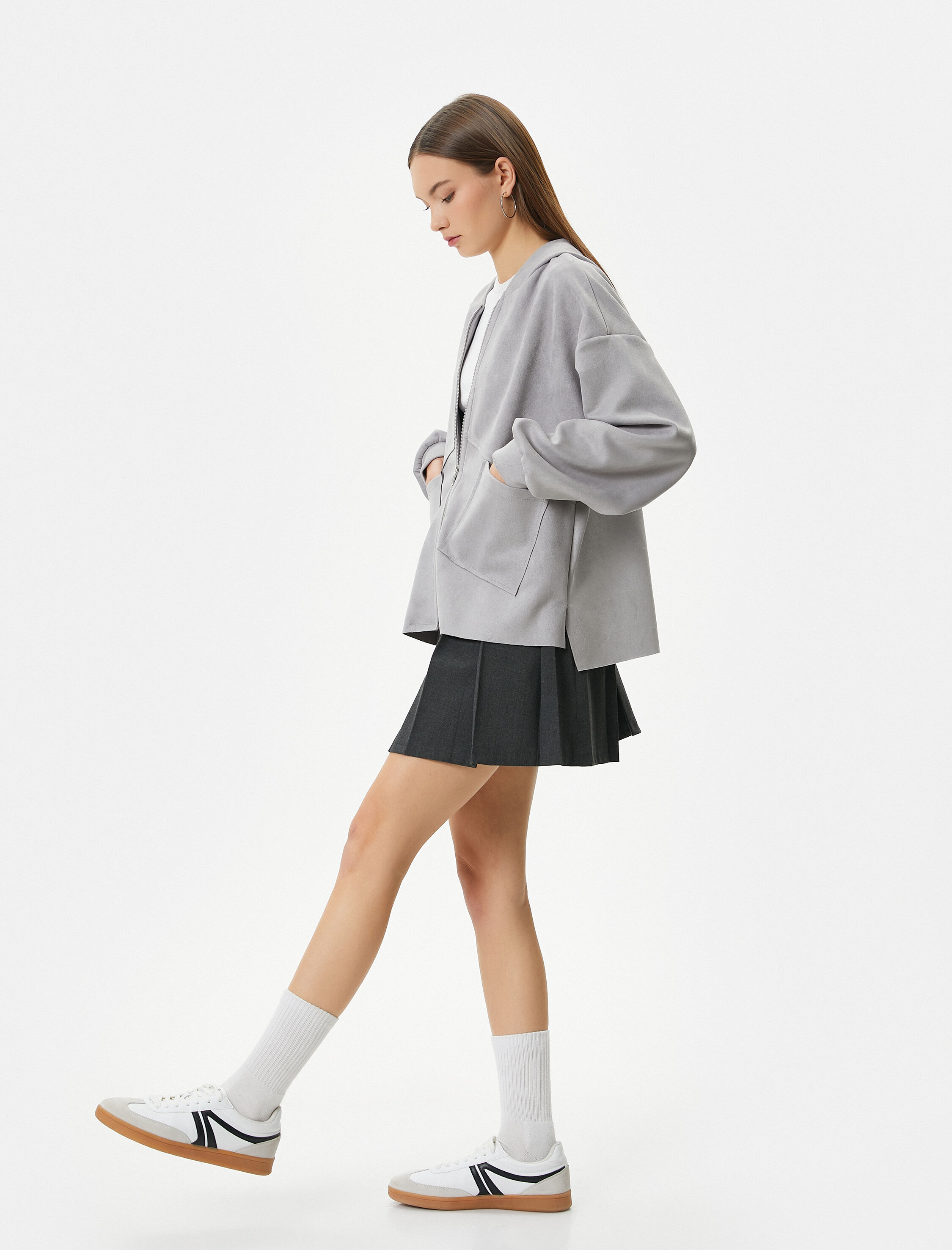   Kapşonlu Gömlek Oversize Fermuarlı Cep Detaylı Süet Görünümlü