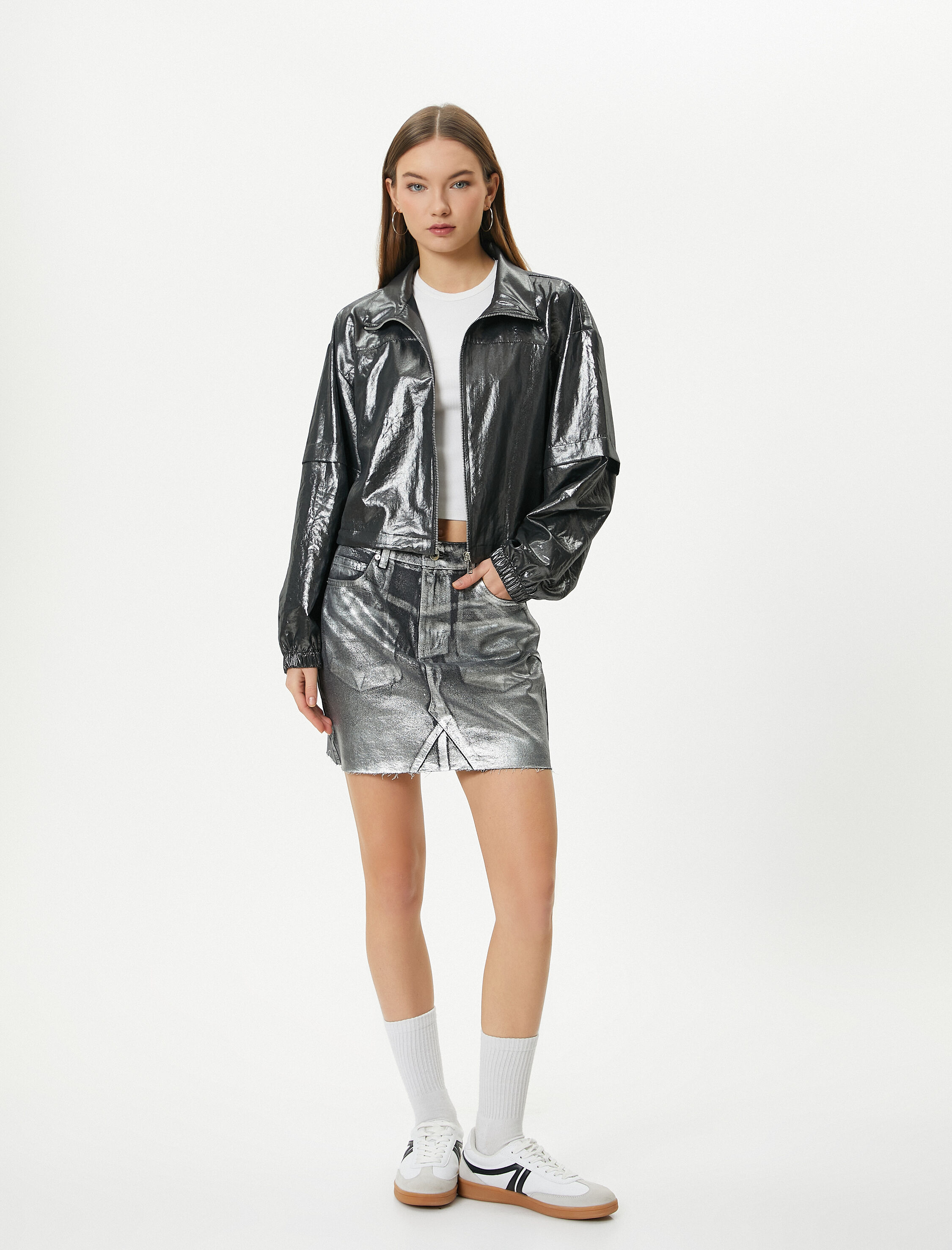   Metalik Parlak Ceket Fermuarlı Dik Yaka Paraşüt Kumaş