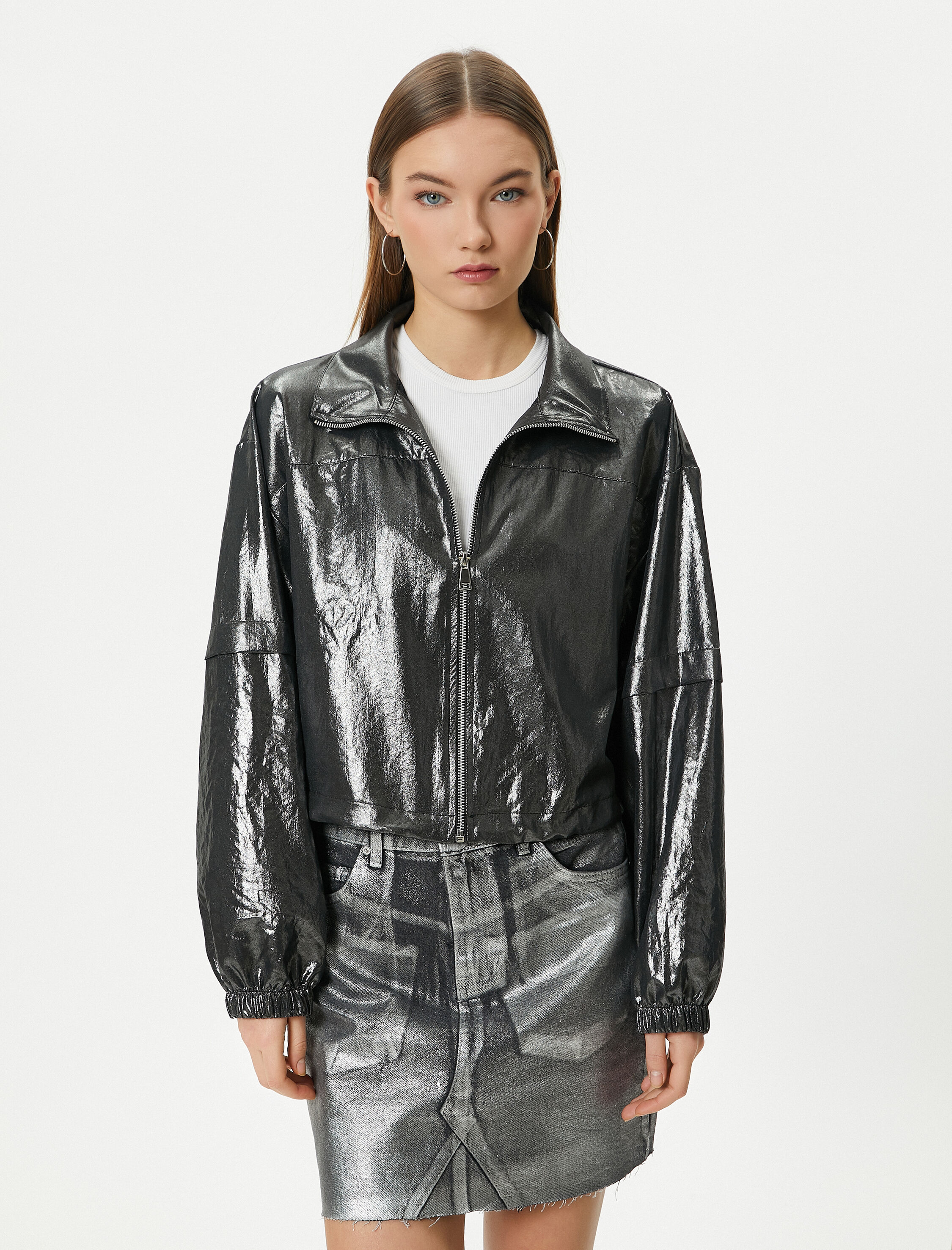   Metalik Parlak Ceket Fermuarlı Dik Yaka Paraşüt Kumaş