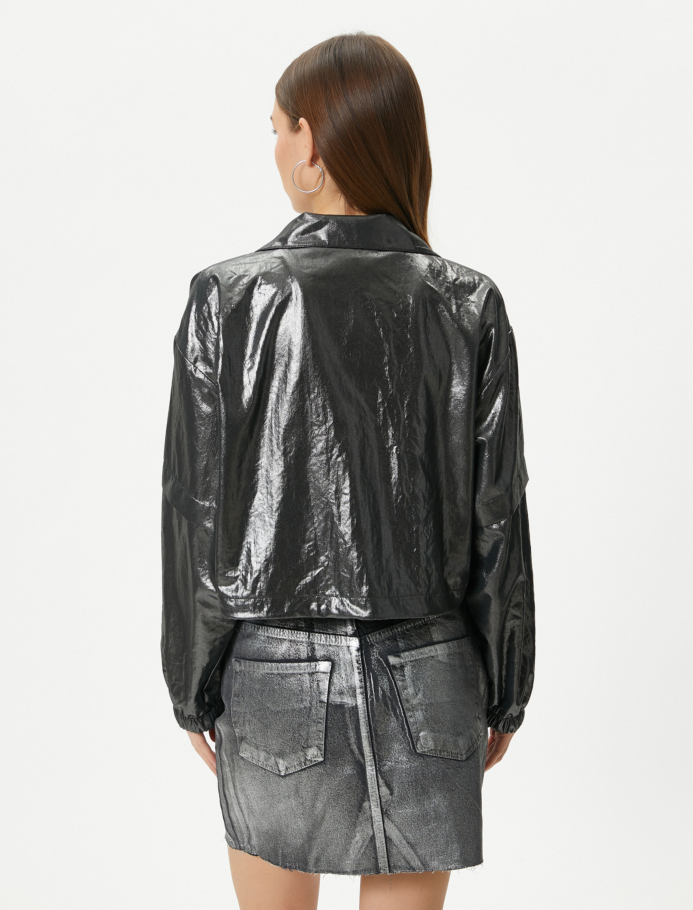   Metalik Parlak Ceket Fermuarlı Dik Yaka Paraşüt Kumaş