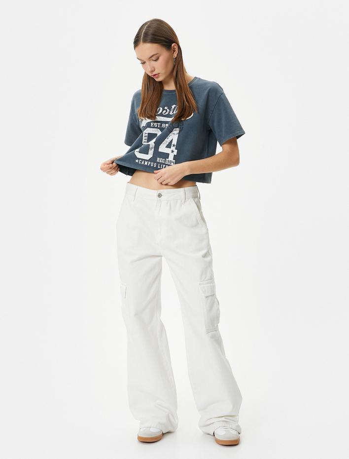  Kolej Crop Tişört Rahat Kalıp Soluk Efektli Pamuklu