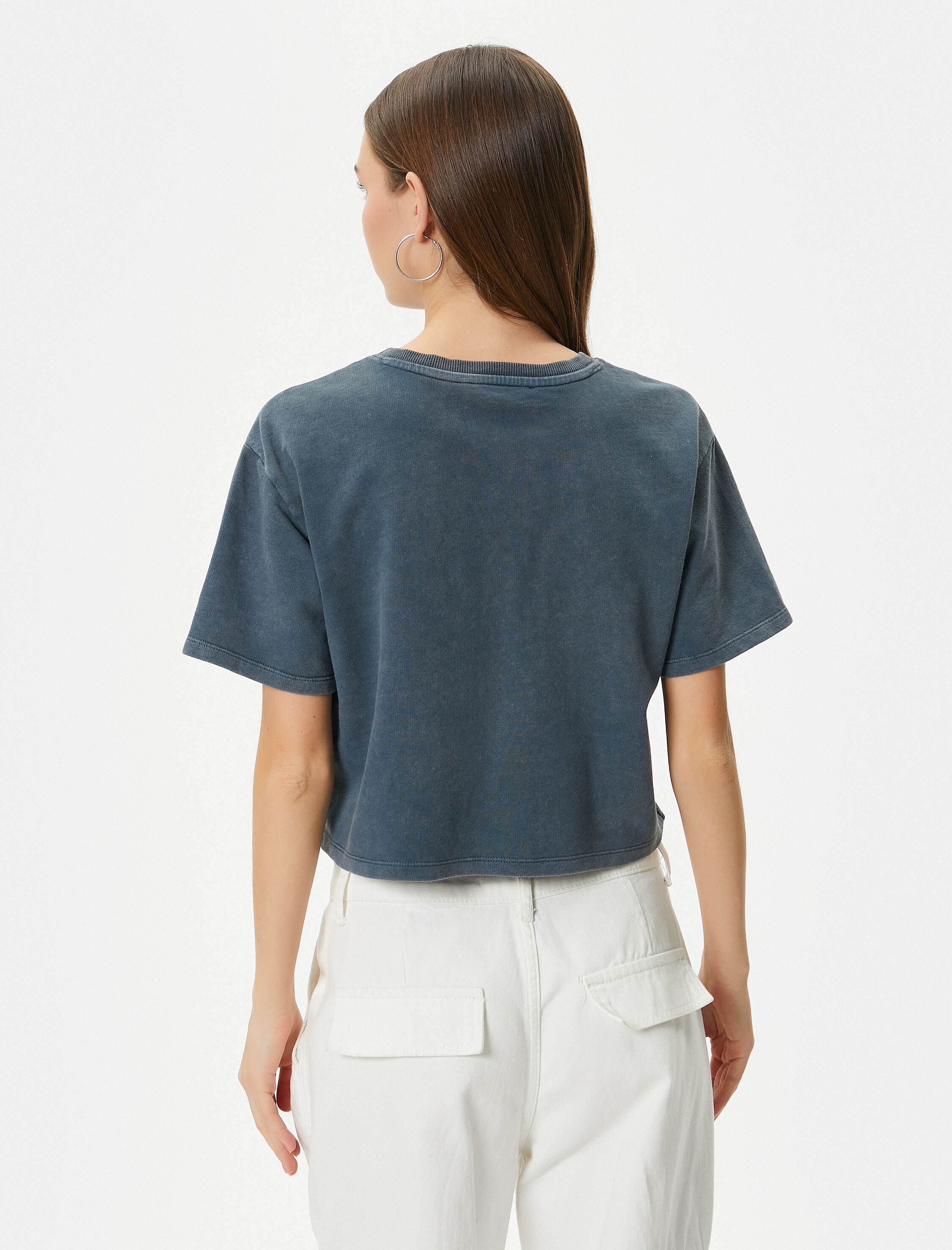   Kolej Crop Tişört Rahat Kalıp Soluk Efektli Pamuklu