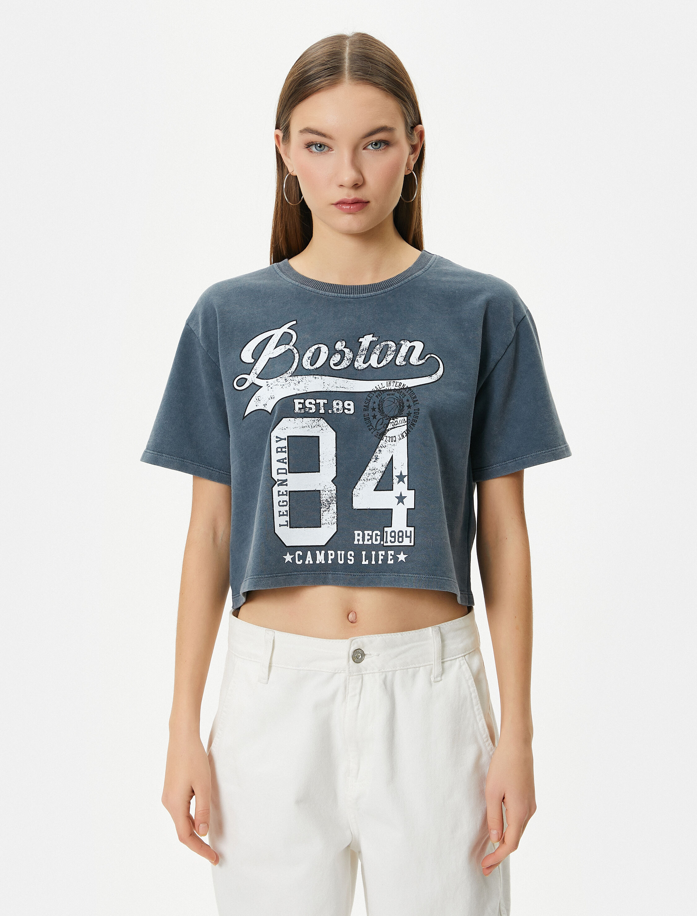   Kolej Crop Tişört Rahat Kalıp Soluk Efektli Pamuklu