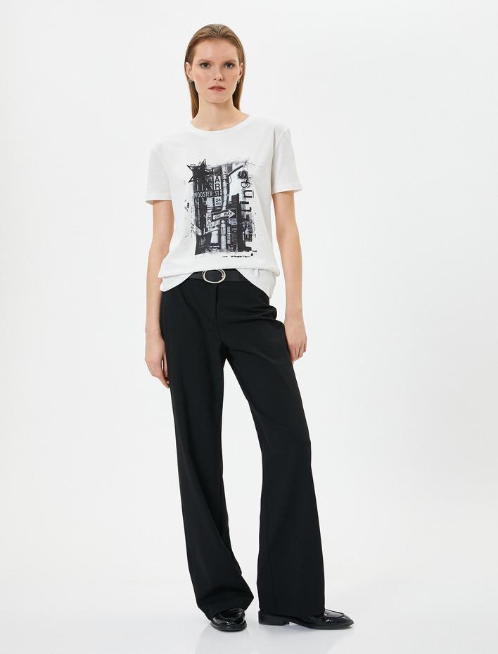  Baskılı Tişört Kısa Kollu Bisiklet Yaka Pamuklu