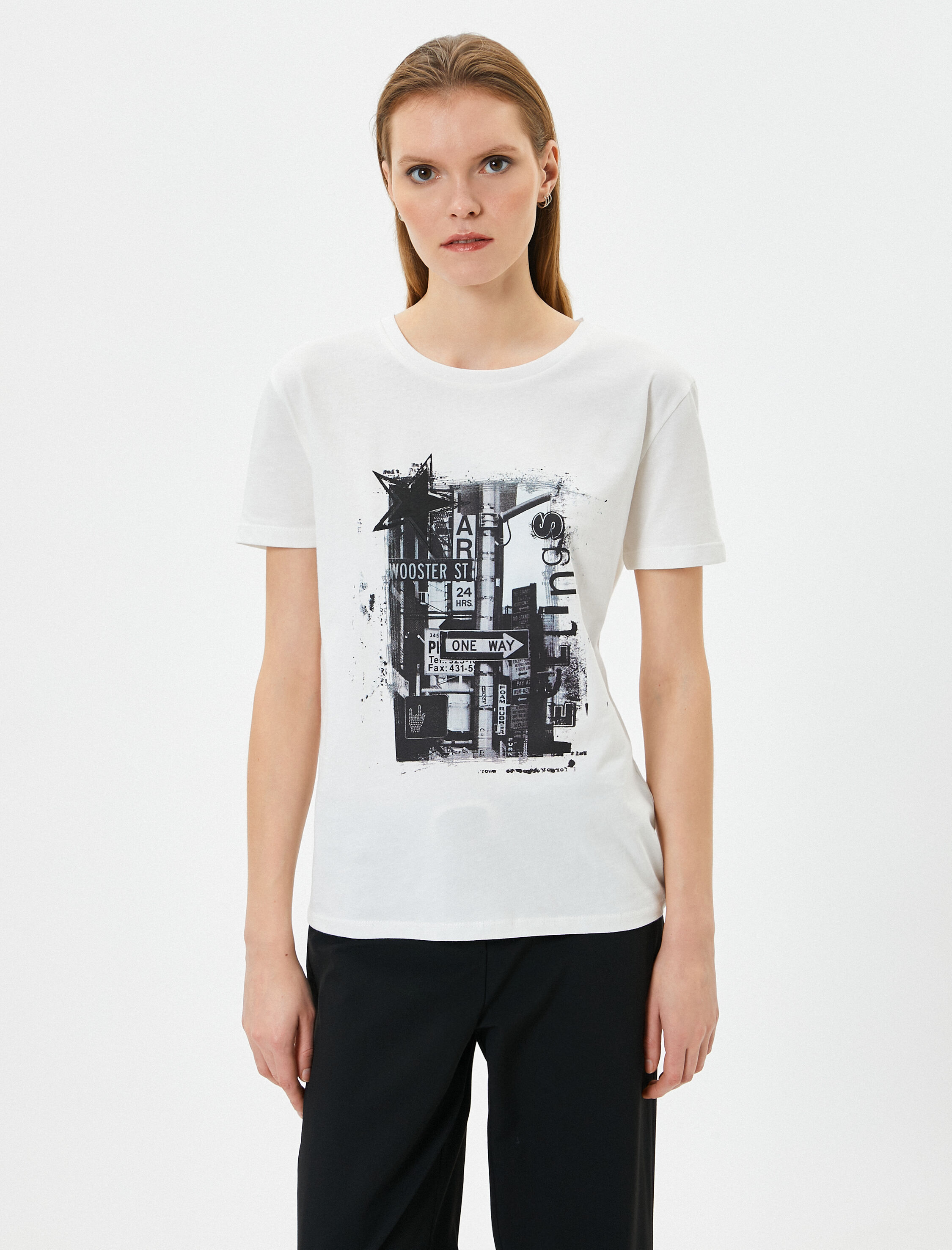   Baskılı Tişört Kısa Kollu Bisiklet Yaka Pamuklu