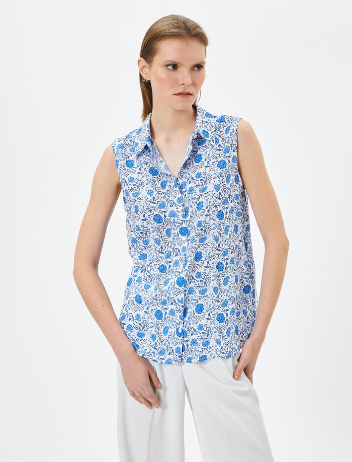  Çiçekli Gömlek Kolsuz Düğmeli Viskon