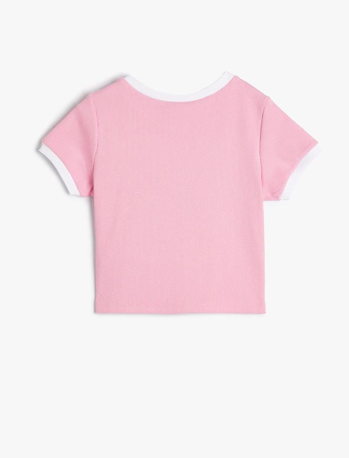 Kız Çocuk Crop Tişört Çiçek Baskılı Kısa Kollu Bisiklet Yaka Pamuklu