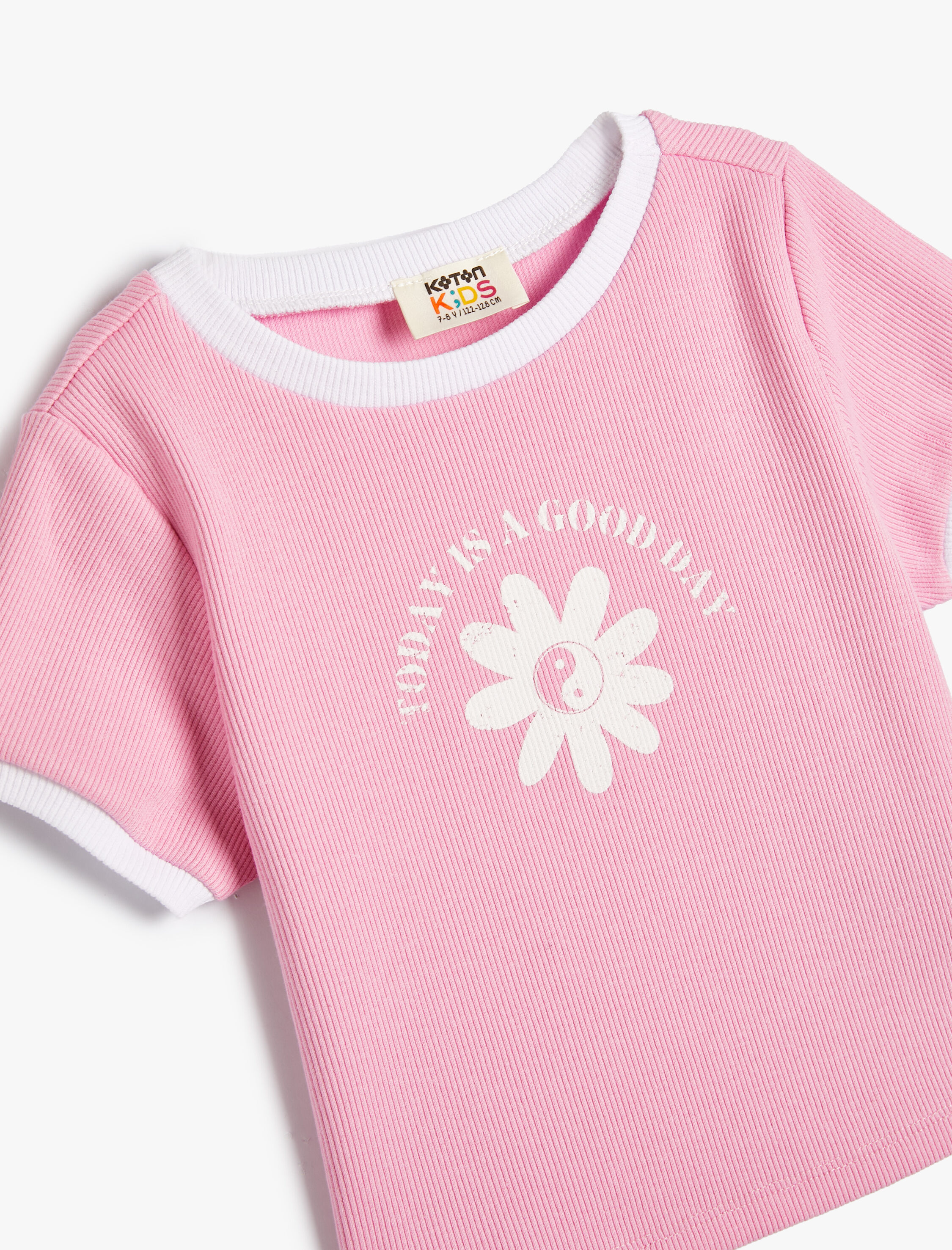  Kız Çocuk Crop Tişört Çiçek Baskılı Kısa Kollu Bisiklet Yaka Pamuklu