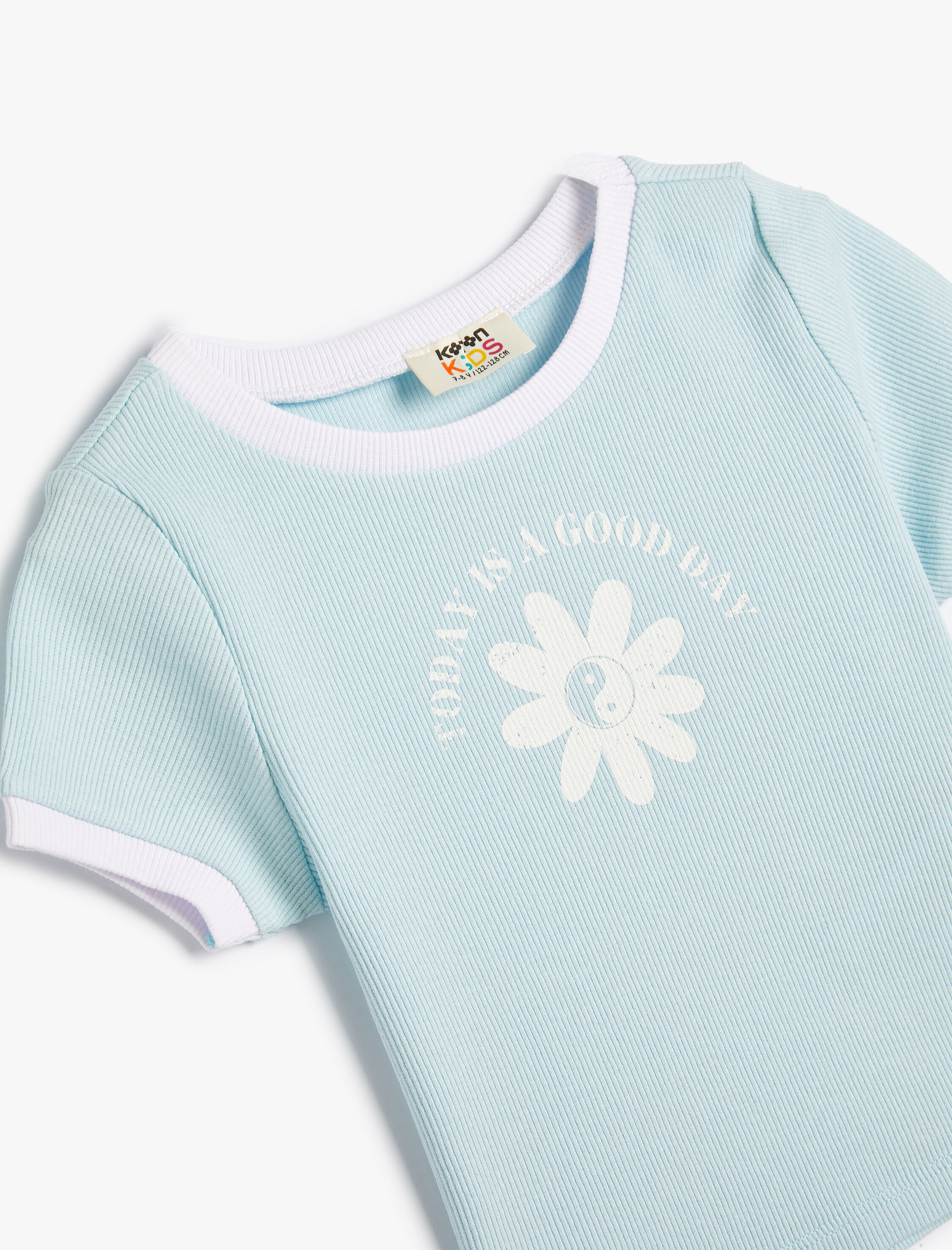  Kız Çocuk Crop Tişört Çiçek Baskılı Kısa Kollu Bisiklet Yaka Pamuklu