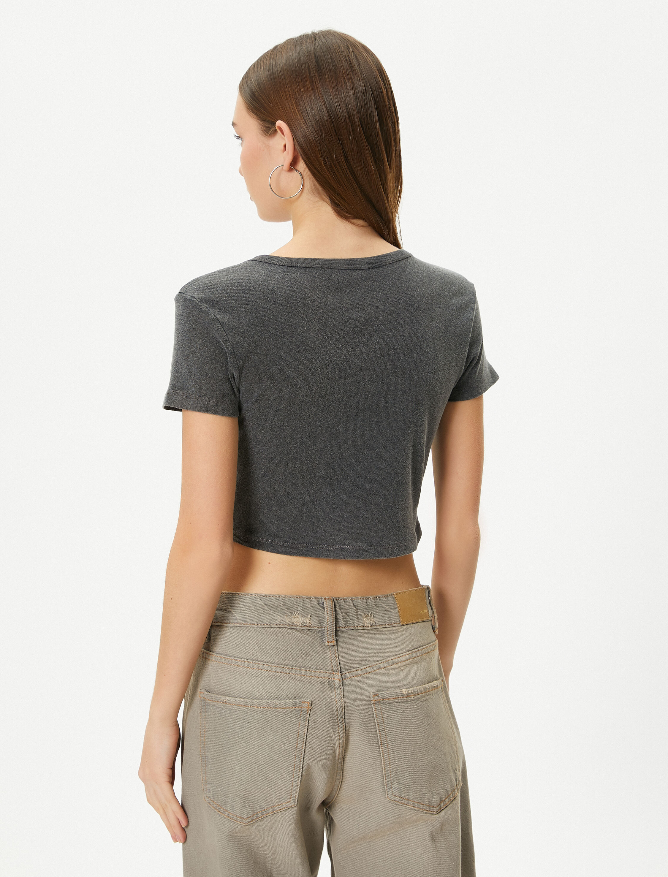   Soluk Efektli Crop Tişört Baskılı Kısa Kollu Bisiklet Yaka Pamuklu