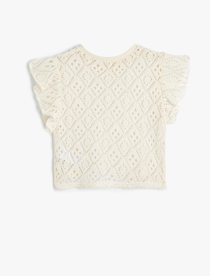 Kız Çocuk Ajurlu Crop Tişört Kolsuz Fırfır Detaylı