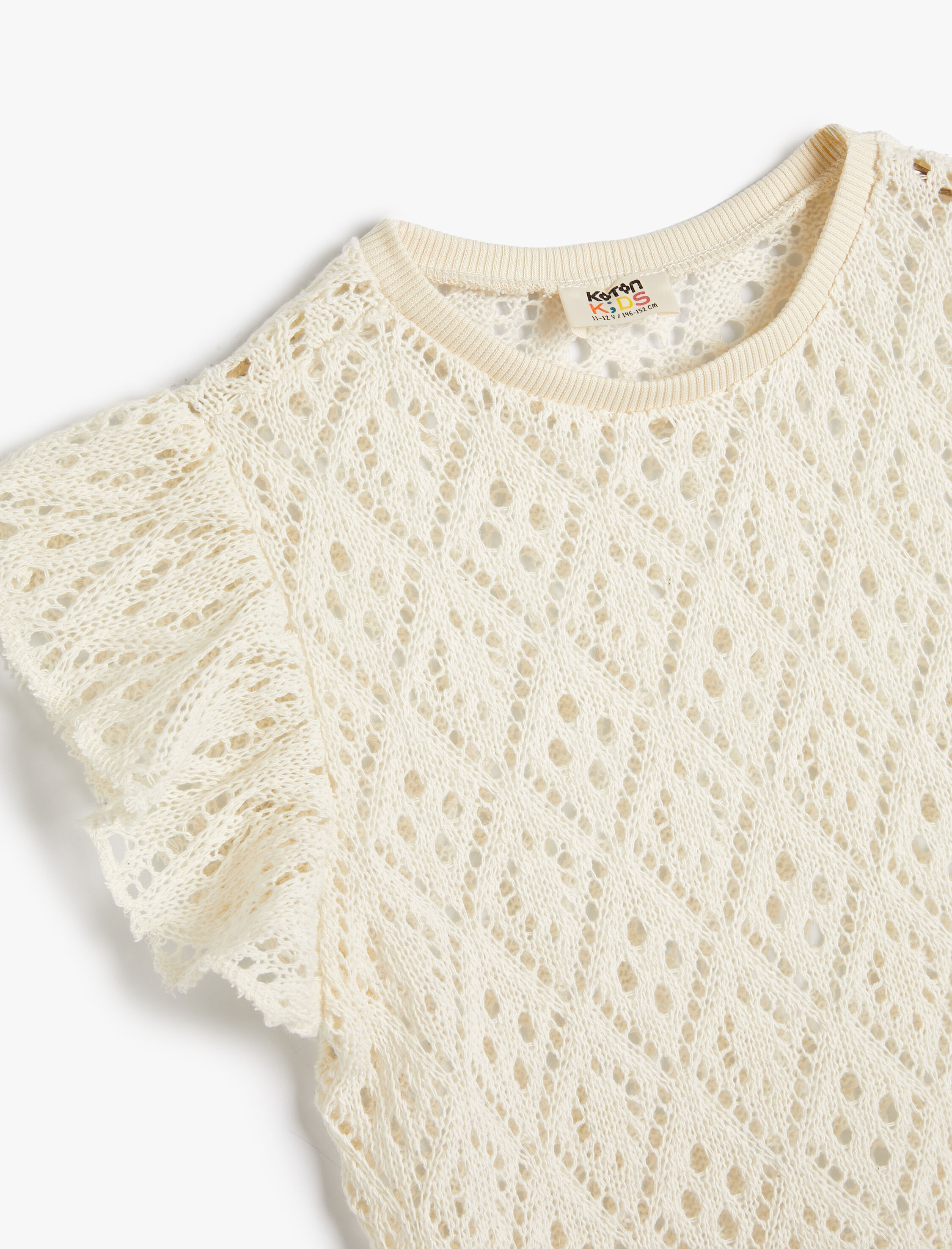  Kız Çocuk Ajurlu Crop Tişört Kolsuz Fırfır Detaylı