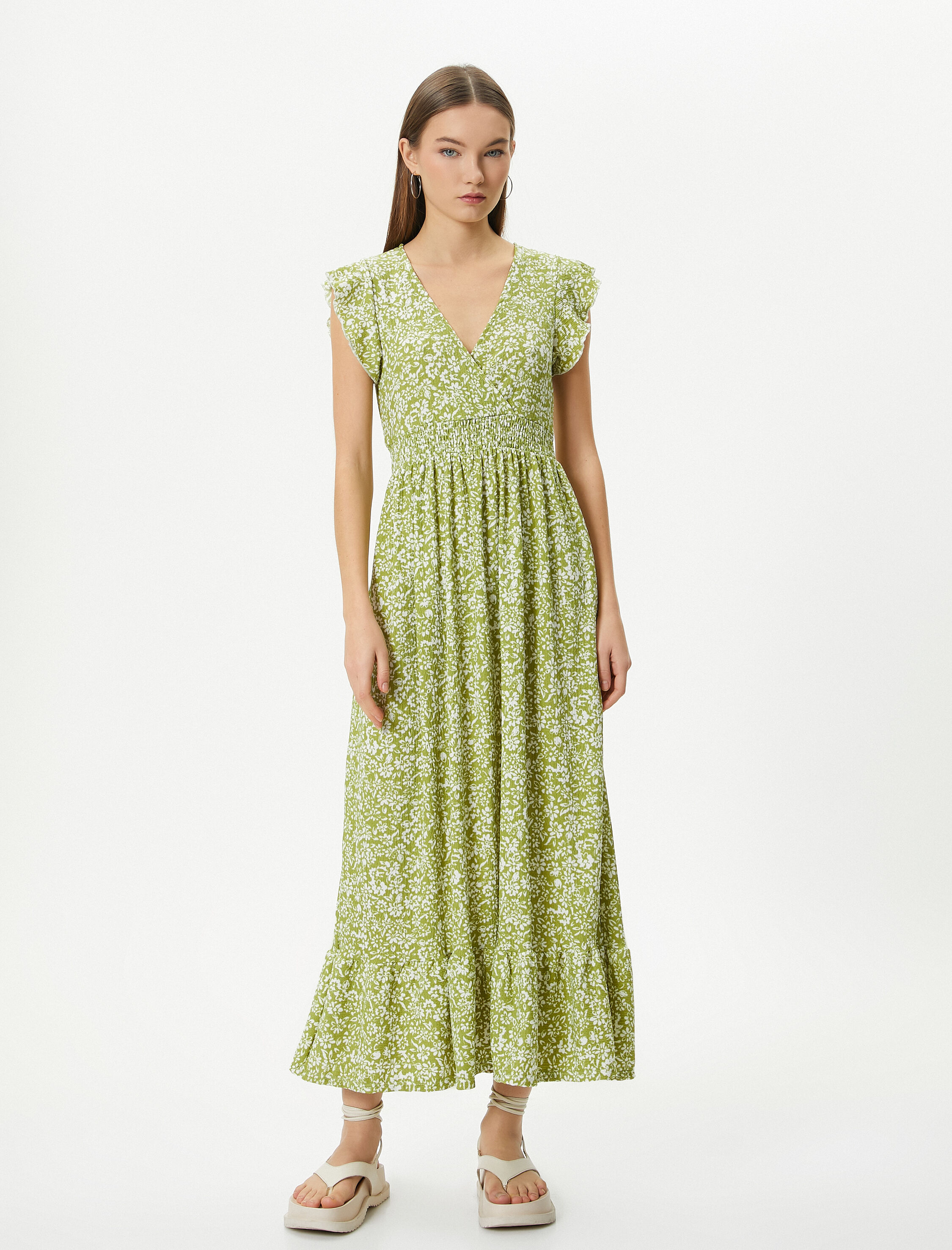   Çiçekli Uzun Elbise Fırfırlı Kolsuz V Yaka Gipe Detaylı Rahat Kalıp Bürümcük