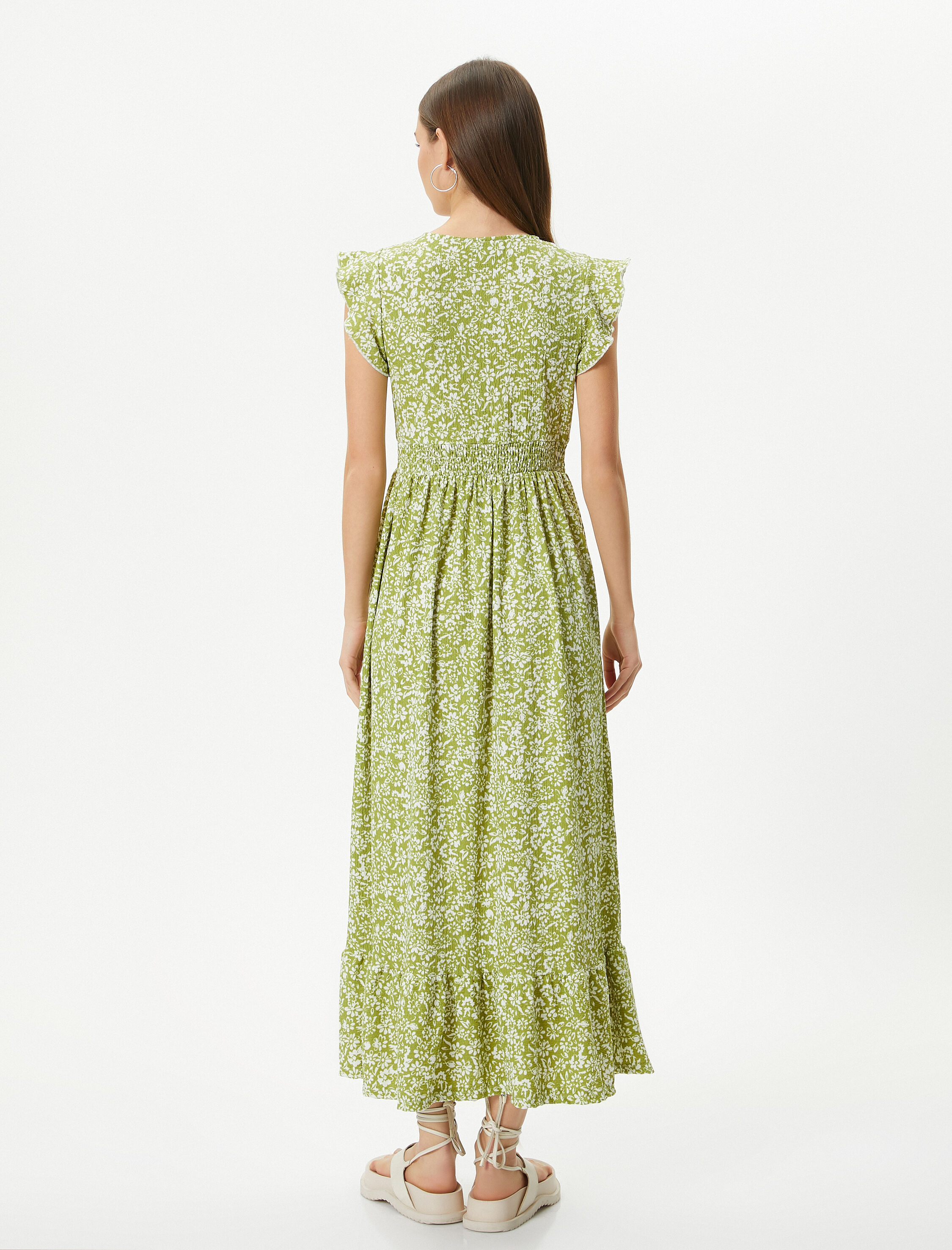   Çiçekli Uzun Elbise Fırfırlı Kolsuz V Yaka Gipe Detaylı Rahat Kalıp Bürümcük