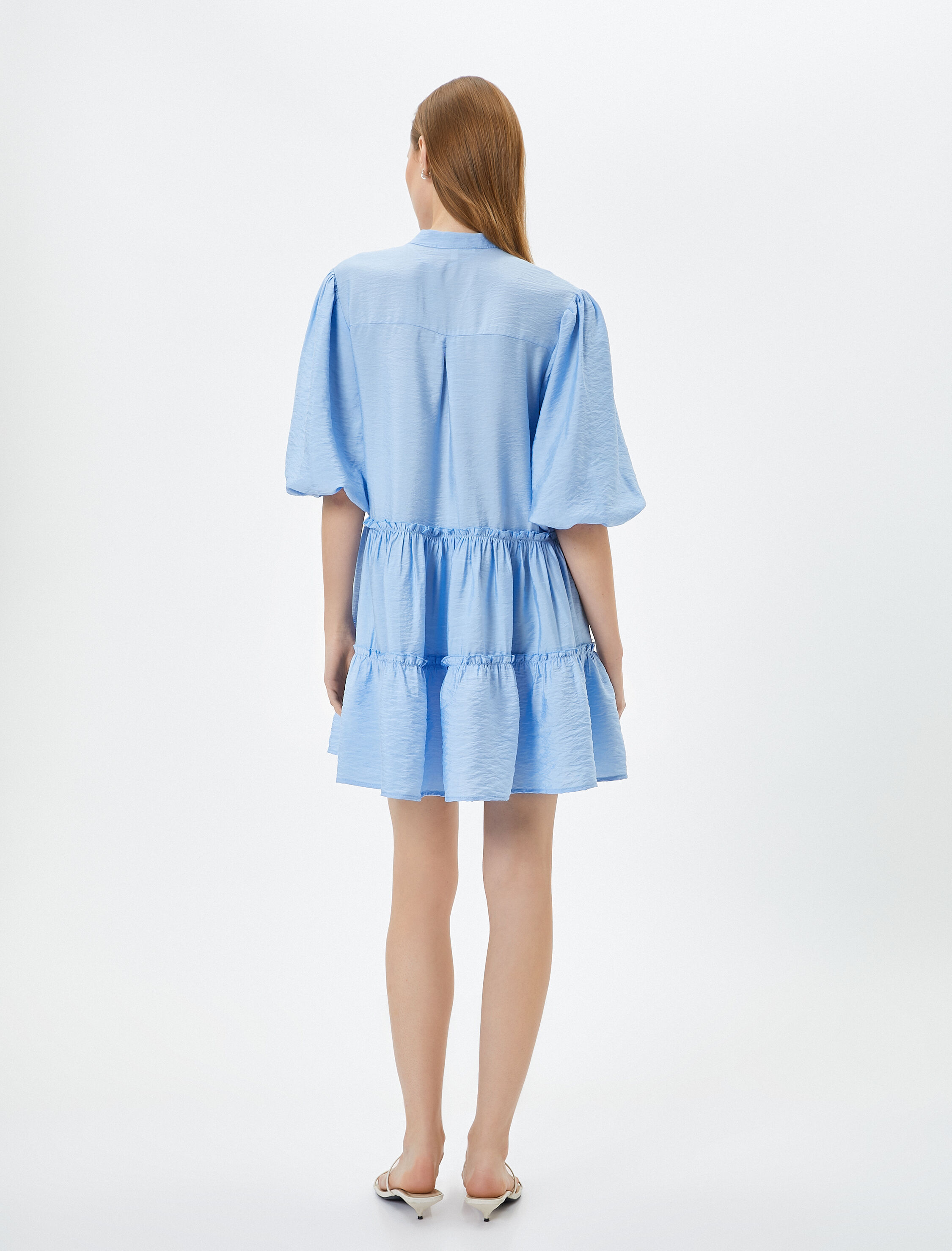   Mini Balon Kol Elbise Volanlı V Yaka Viskon