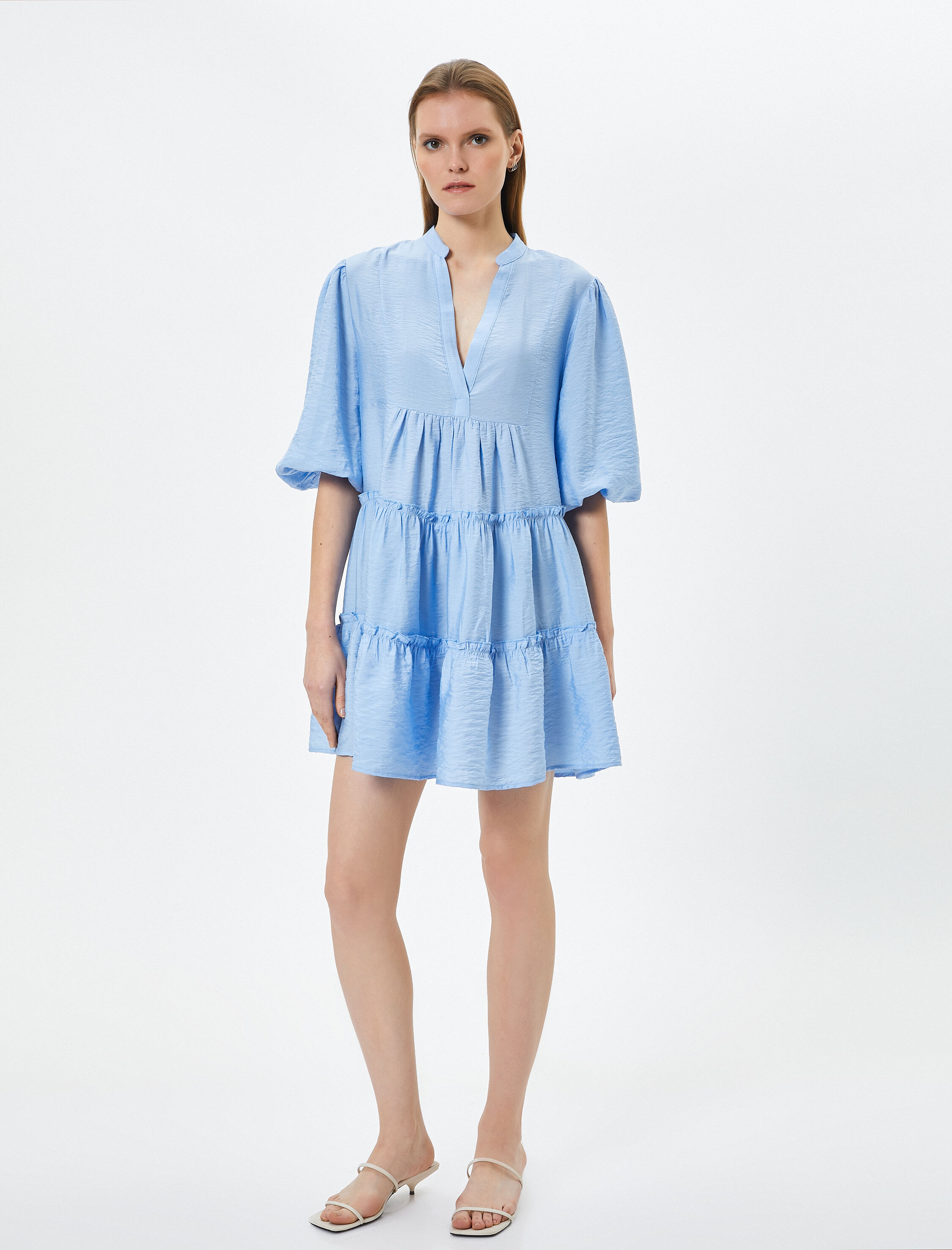   Mini Balon Kol Elbise Volanlı V Yaka Viskon