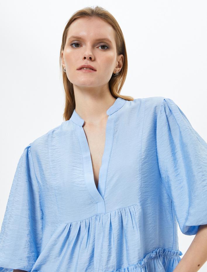  Mini Balon Kol Elbise Volanlı V Yaka Viskon