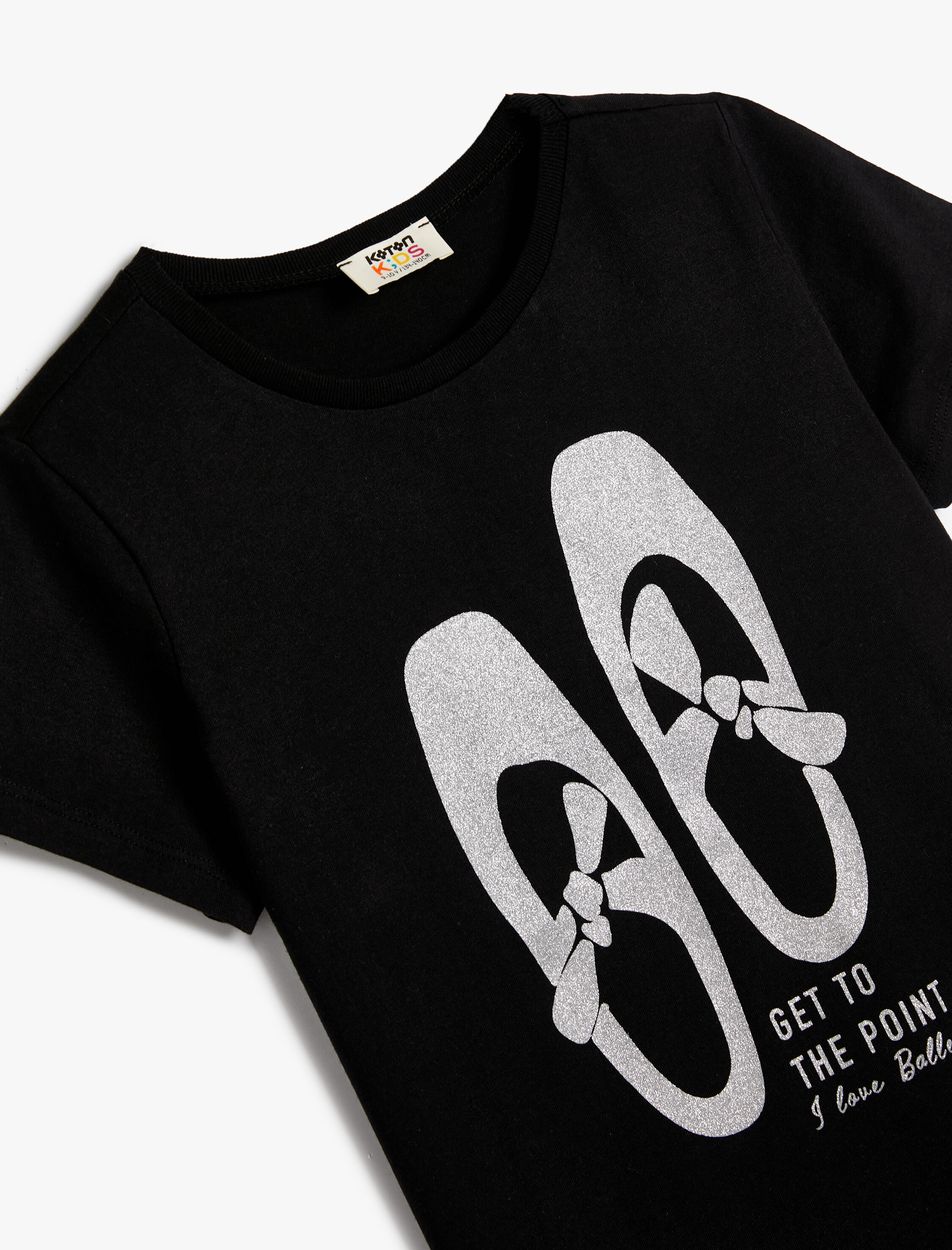  Kız Çocuk Tişört Simli Bale Baskılı Kısa Kollu Bisiklet Yaka Pamuklu