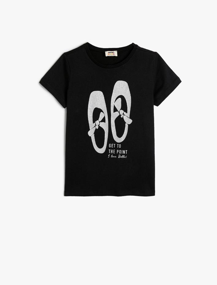 Kız Çocuk Tişört Simli Bale Baskılı Kısa Kollu Bisiklet Yaka Pamuklu