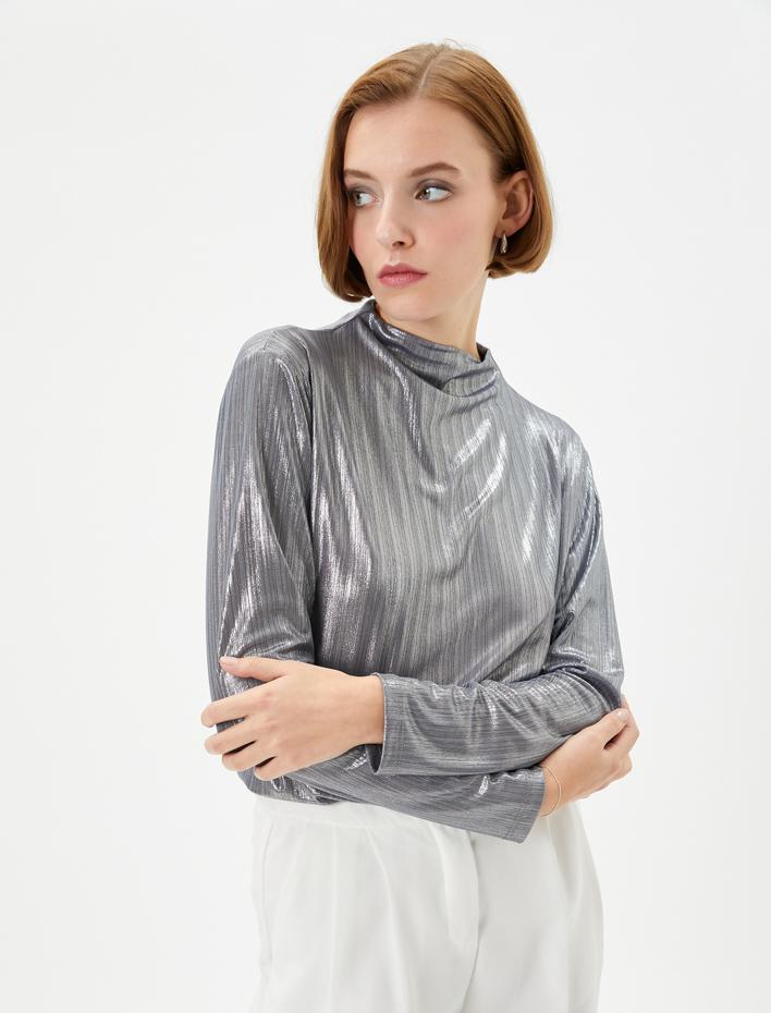  Uzun Kollu Tişört Metalik Parlak Dik Yaka