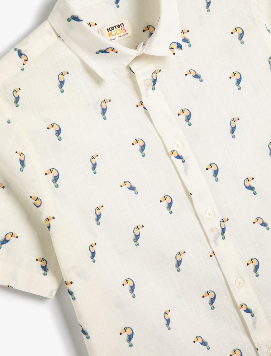  Erkek Çocuk Kısa Kollu Gömlek Papağan Baskılı Klasik Yaka Pamuklu