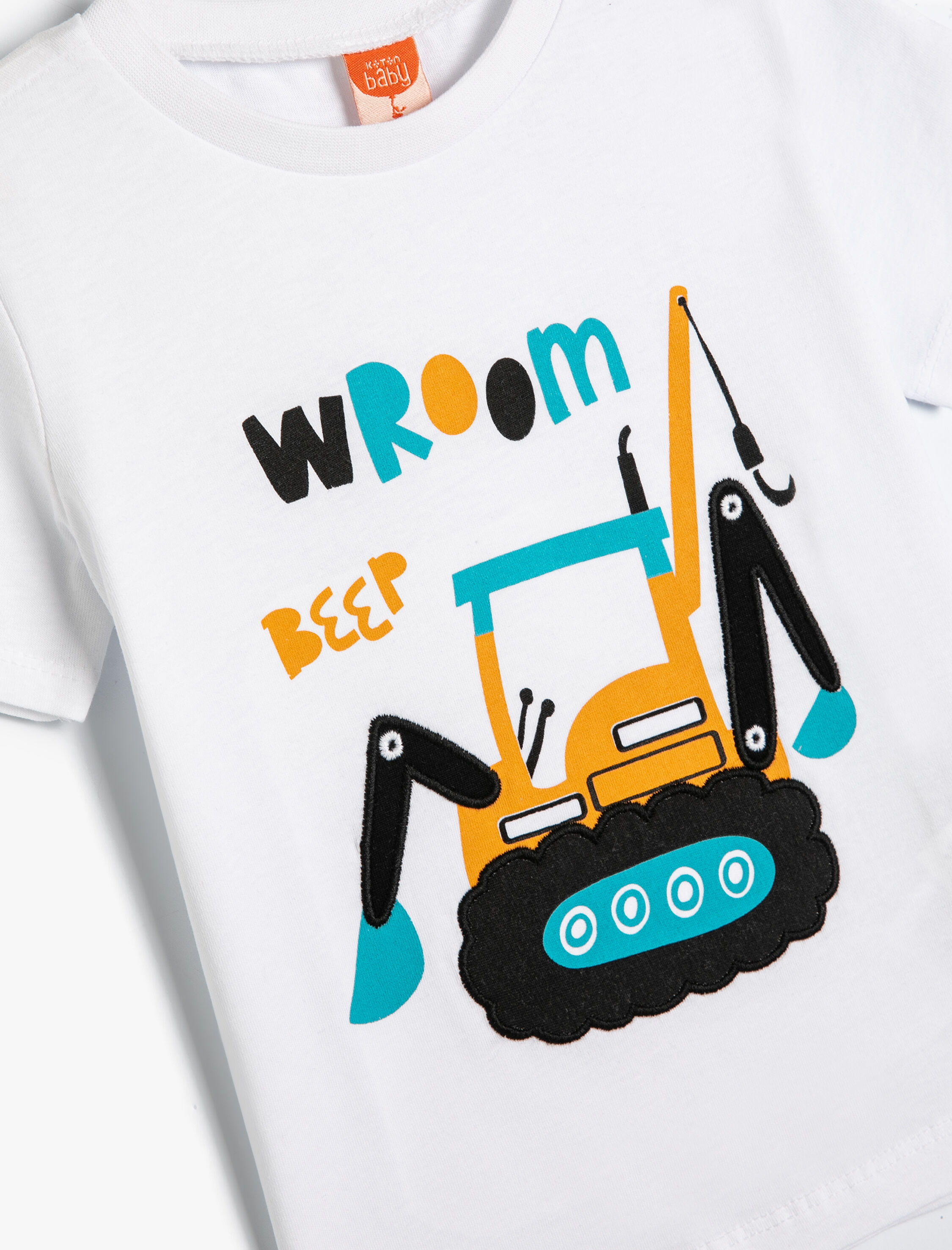  Erkek Bebek Pamuklu Tişört Buldozer Baskılı Kısa Kollu Bisiklet Yaka