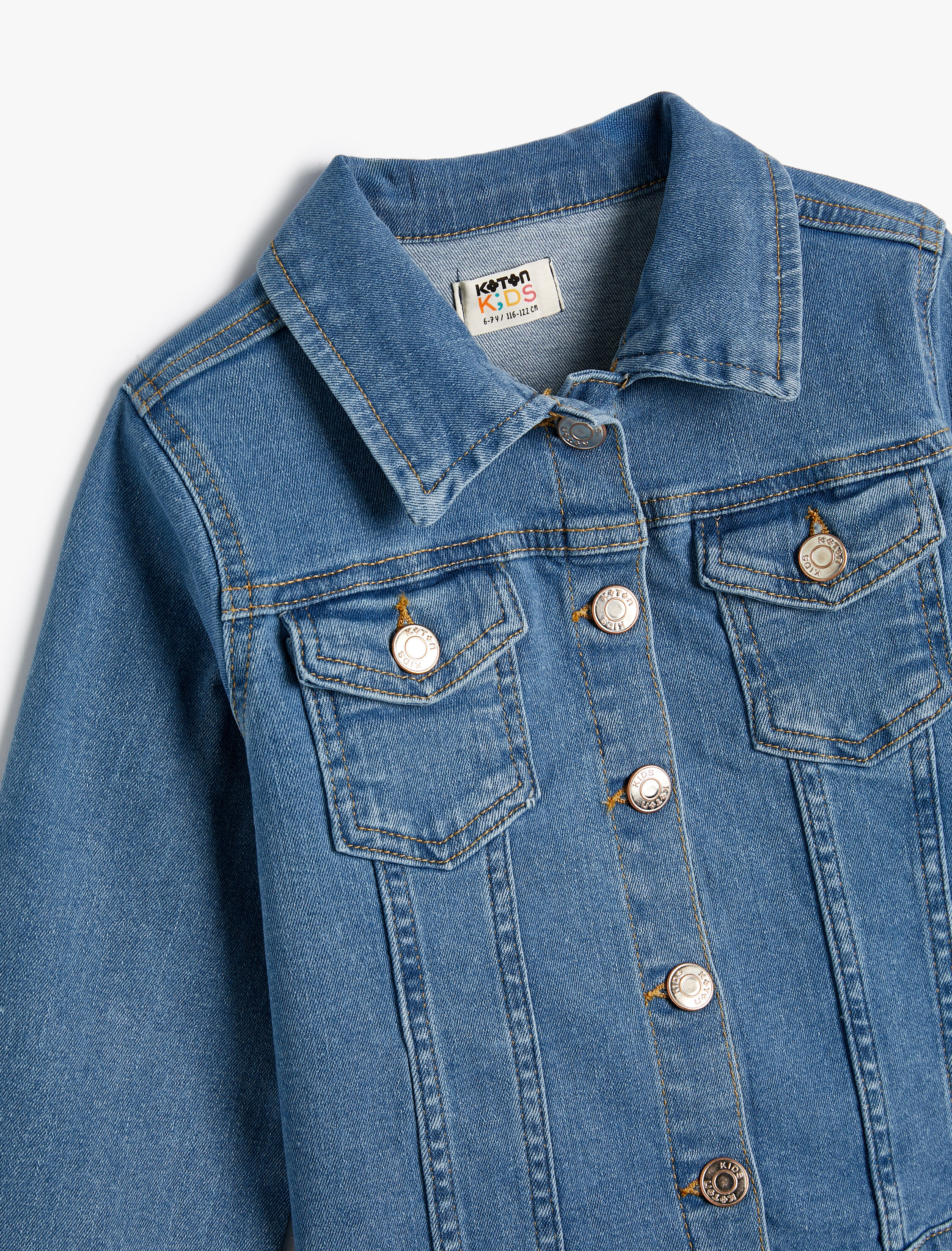  Kız Çocuk Kot Ceket Kapaklı Cep Detaylı Pamuklu Uzun Kollu