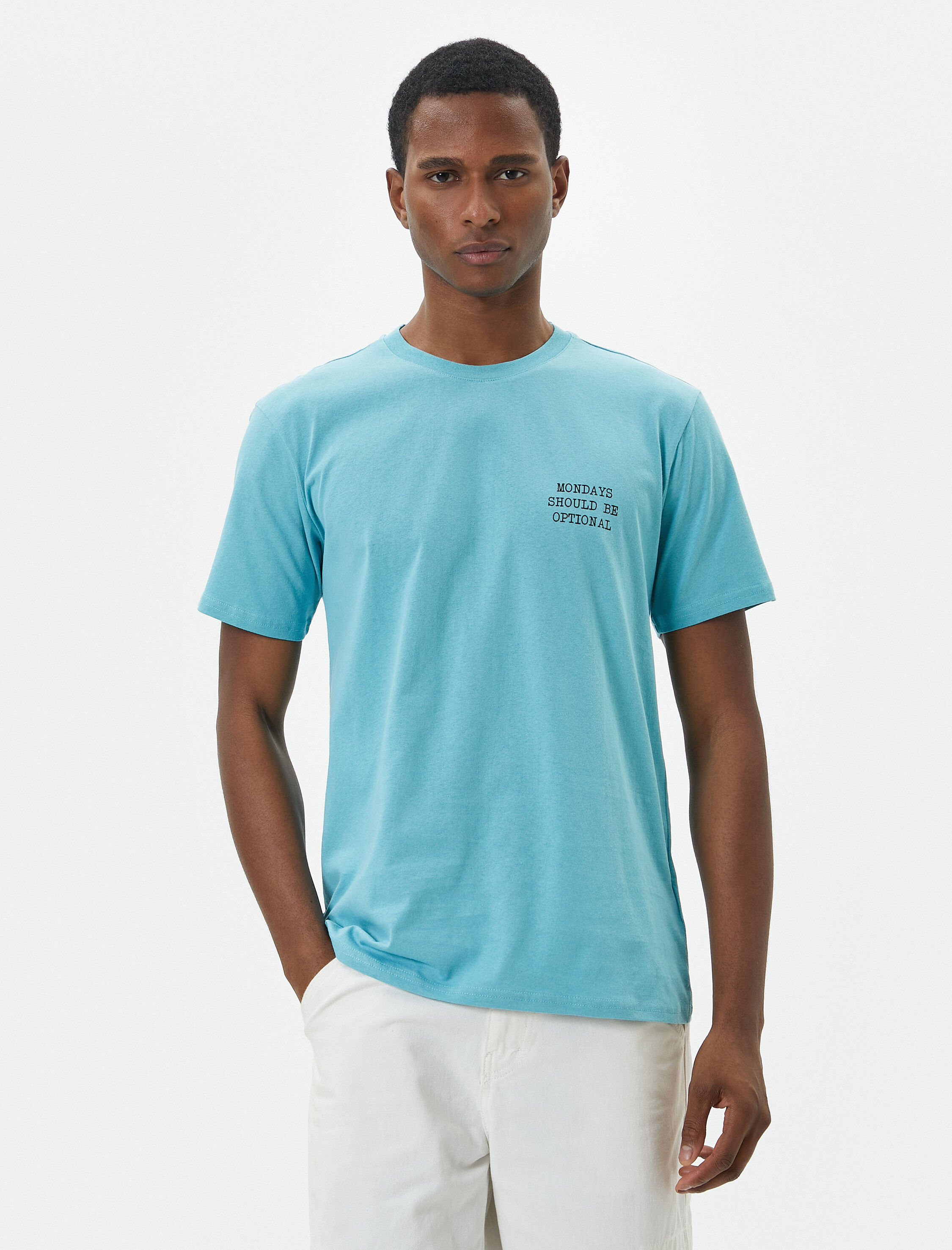   Slogan Baskılı Tişört Slim Fit Bisiklet Yaka Kısa Kollu Pamuklu