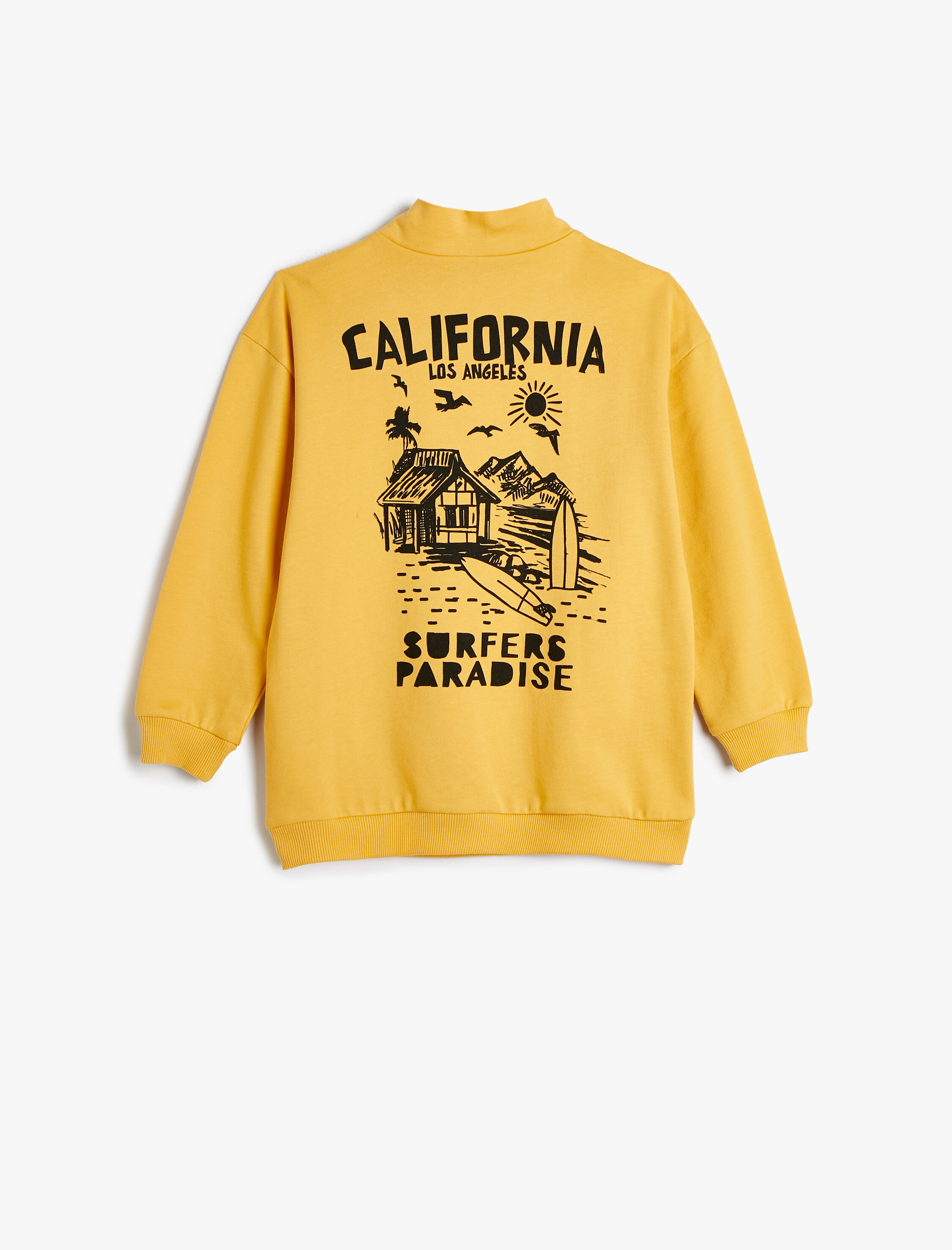 Erkek Çocuk Sweatshirt Dik Yaka Sörf Baskılı Yarım Fermuar Pamuklu Şardonlu