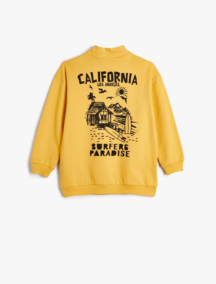 Erkek Çocuk Sweatshirt Dik Yaka Sörf Baskılı Yarım Fermuar Pamuklu Şardonlu