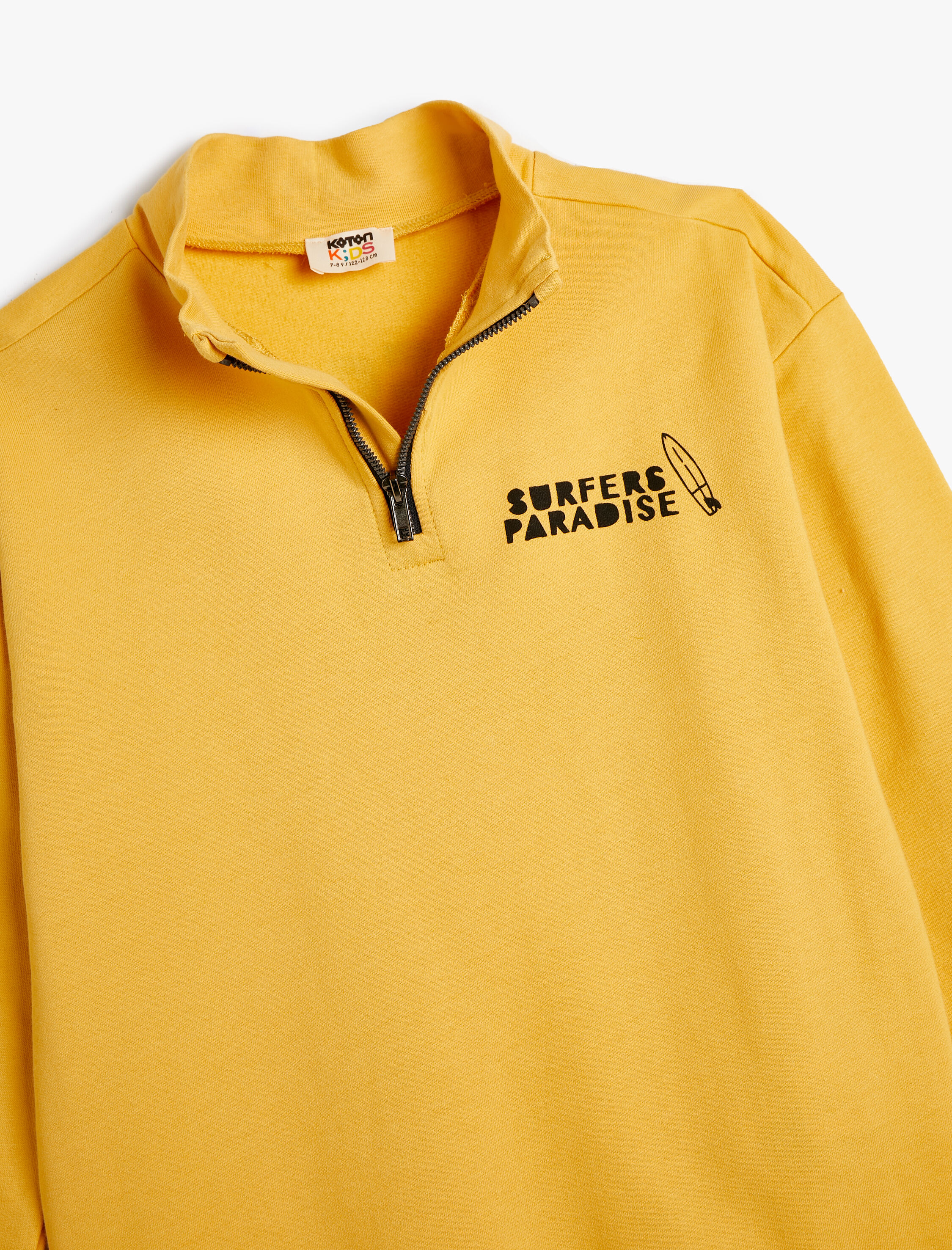  Erkek Çocuk Sweatshirt Dik Yaka Sörf Baskılı Yarım Fermuar Pamuklu Şardonlu