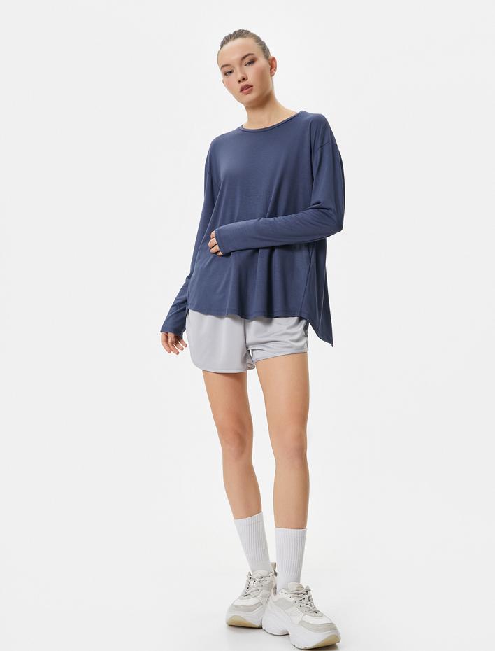  Spor Tişört Arkası Yırtmaç Detaylı Uzun Kollu Bisiklet Yaka Viskoz Kumaş