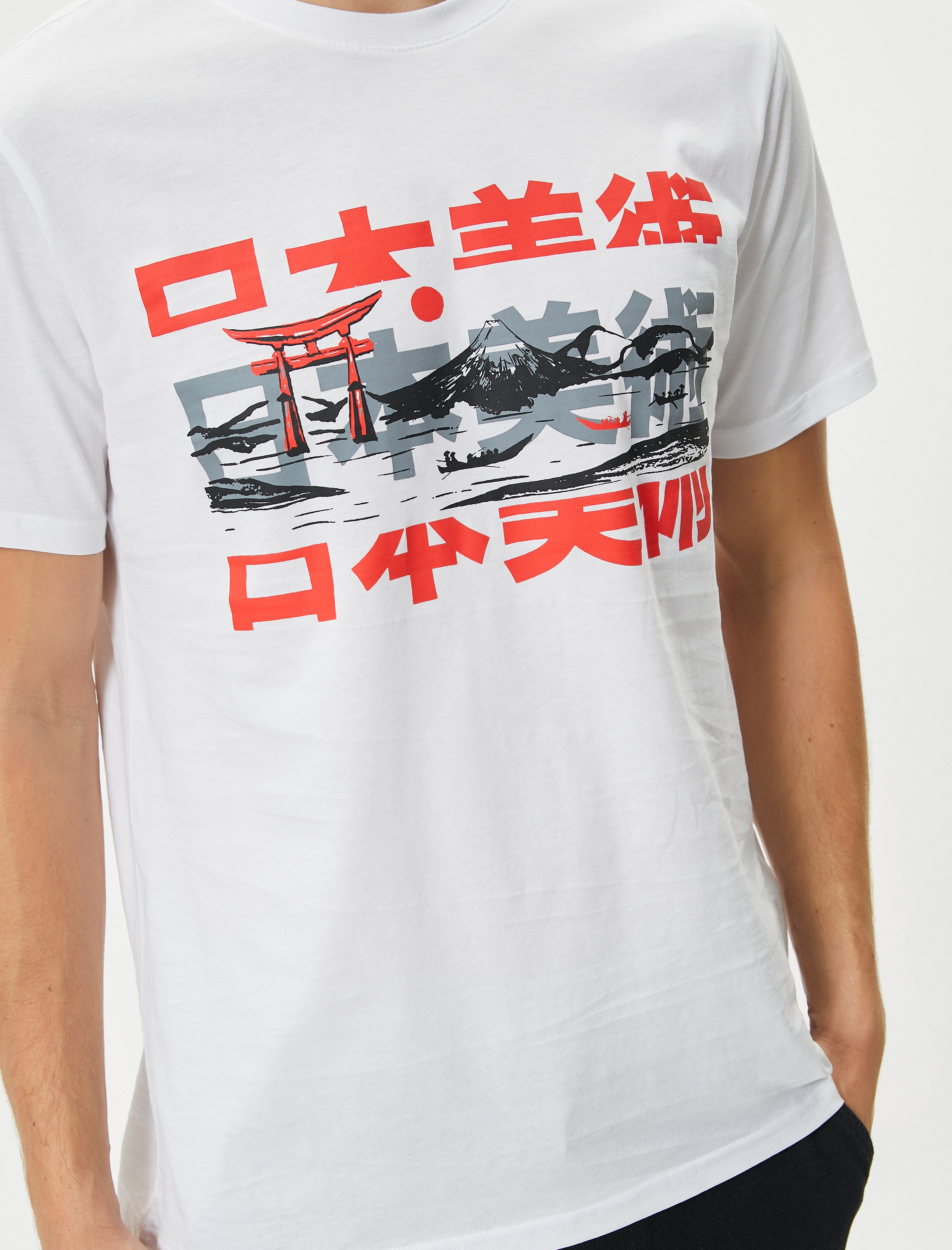   Uzakdoğu Baskılı Tişört Bisiklet Yaka Slim Fit Kısa Kollu