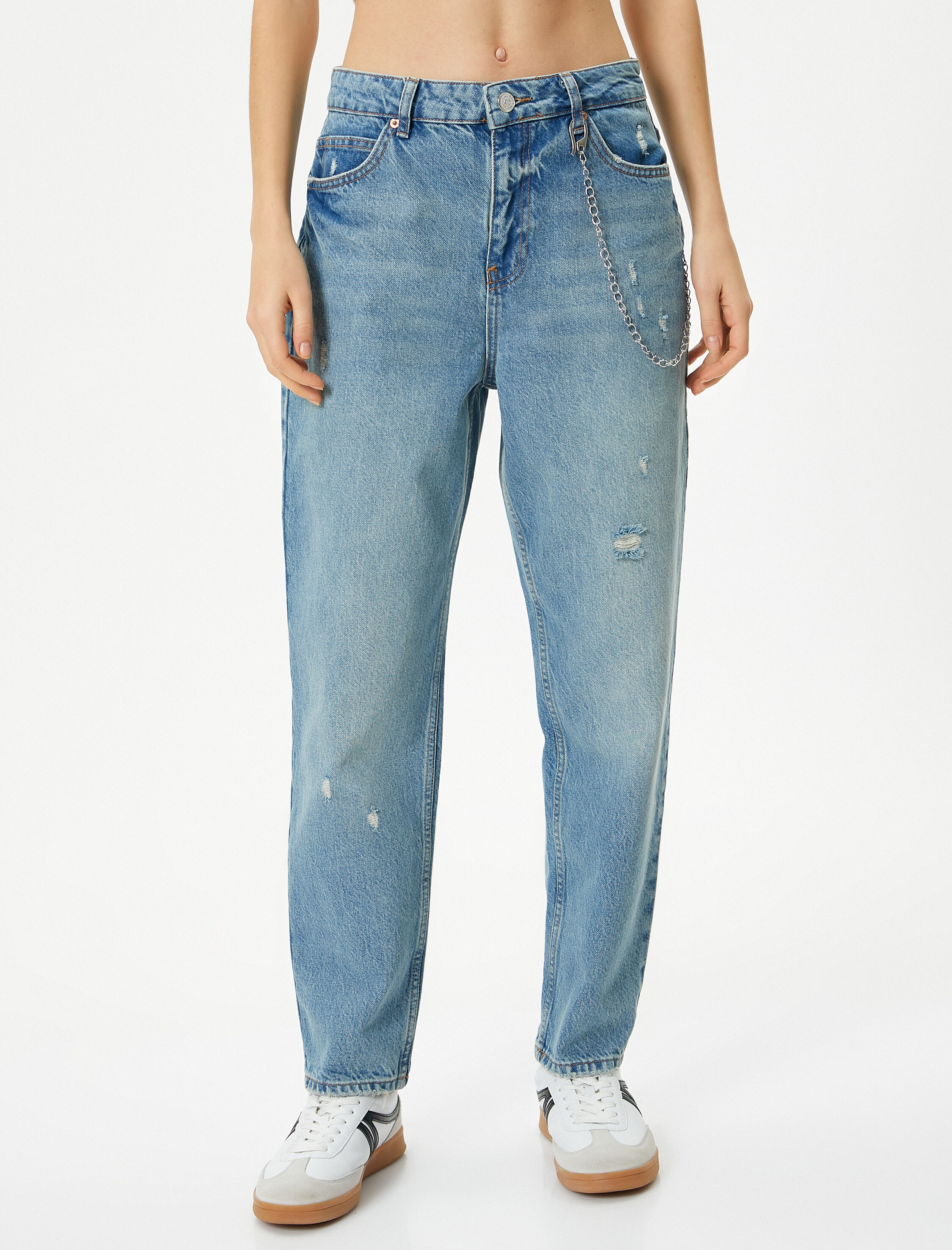   Mom Kot Pantolon Standart Bel Zincir Detaylı Cepli Pamuklu - Mom Jean