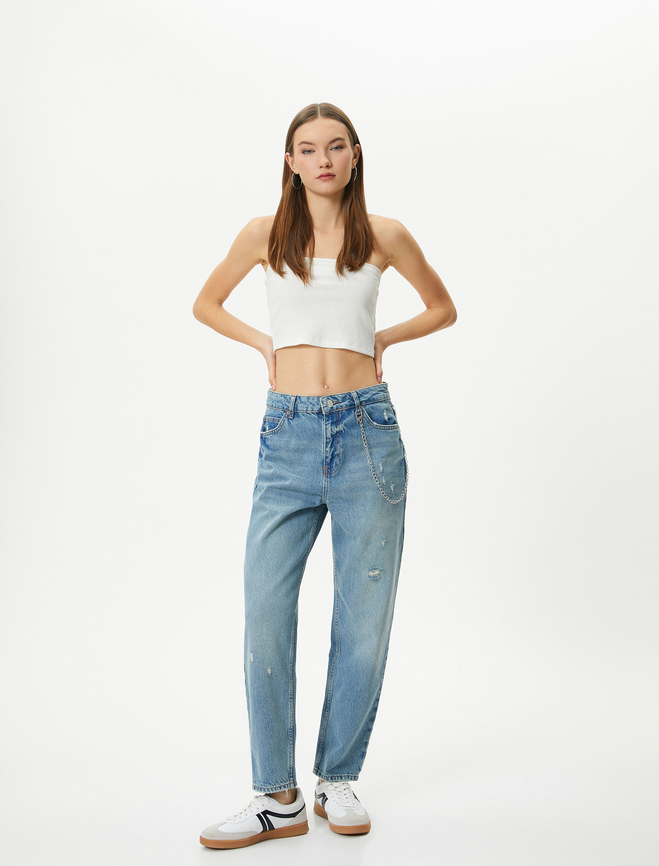   Mom Kot Pantolon Standart Bel Zincir Detaylı Cepli Pamuklu - Mom Jean