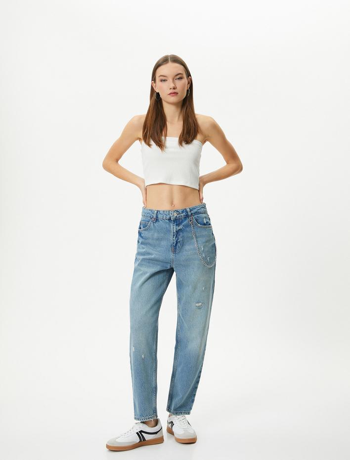  Mom Kot Pantolon Standart Bel Zincir Detaylı Cepli Pamuklu - Mom Jean