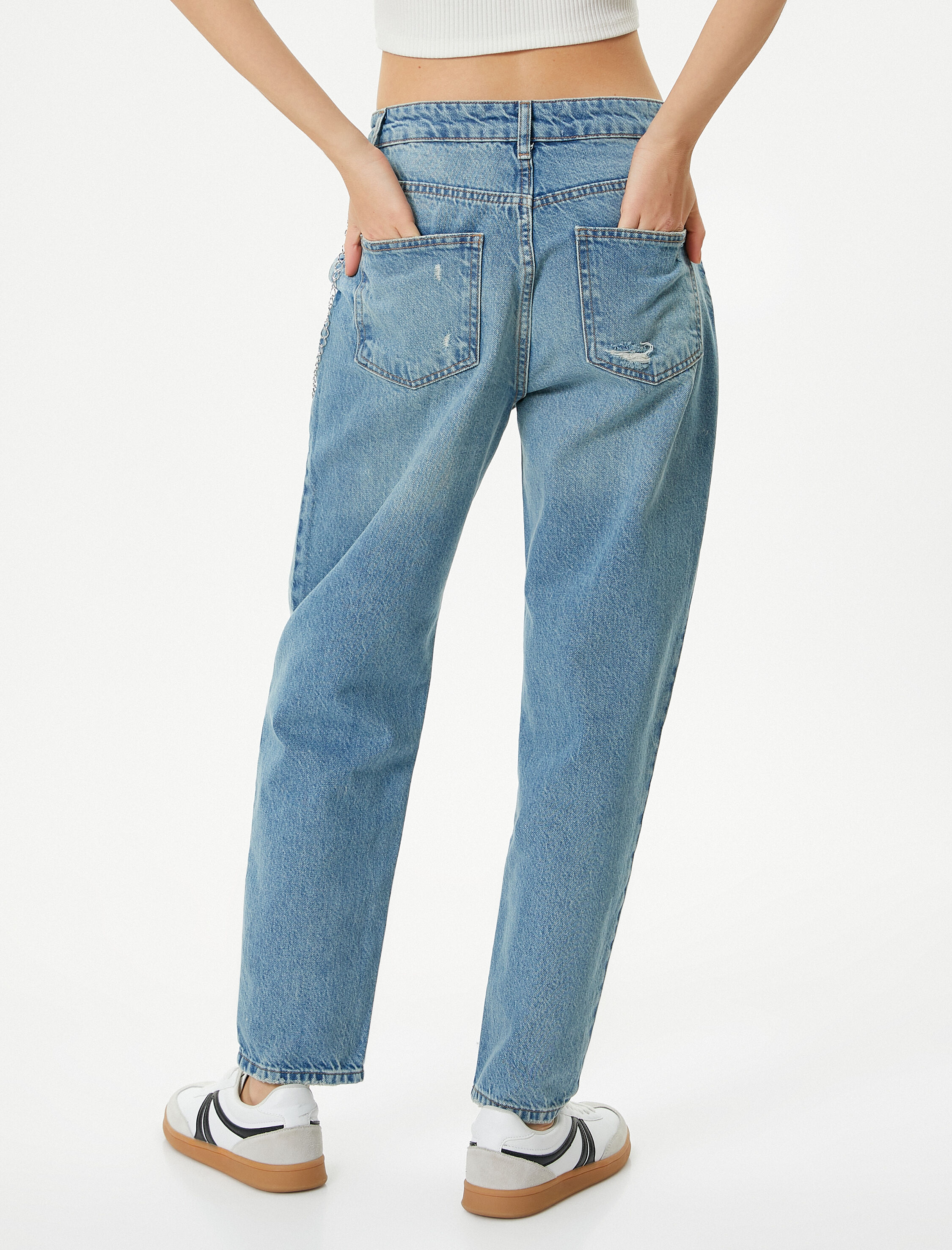   Mom Kot Pantolon Standart Bel Zincir Detaylı Cepli Pamuklu - Mom Jean