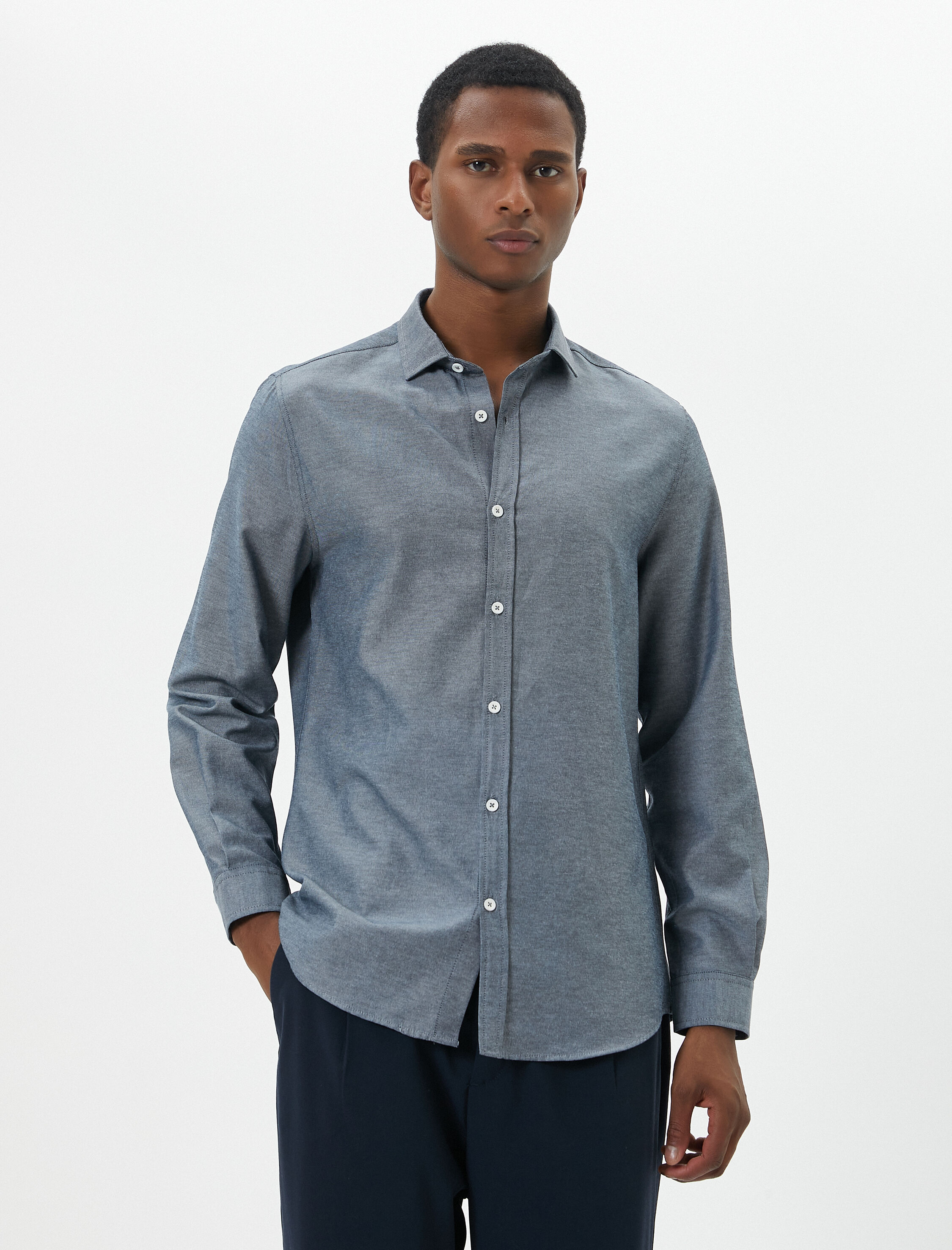   Yarım İtalyan Yaka Gömlek Slim Fit Uzun Kollu Düğmeli